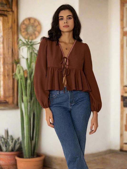 Beach Rose Co. - Brown Tie Front V - Neck Long Sleeve Peplum Blouse