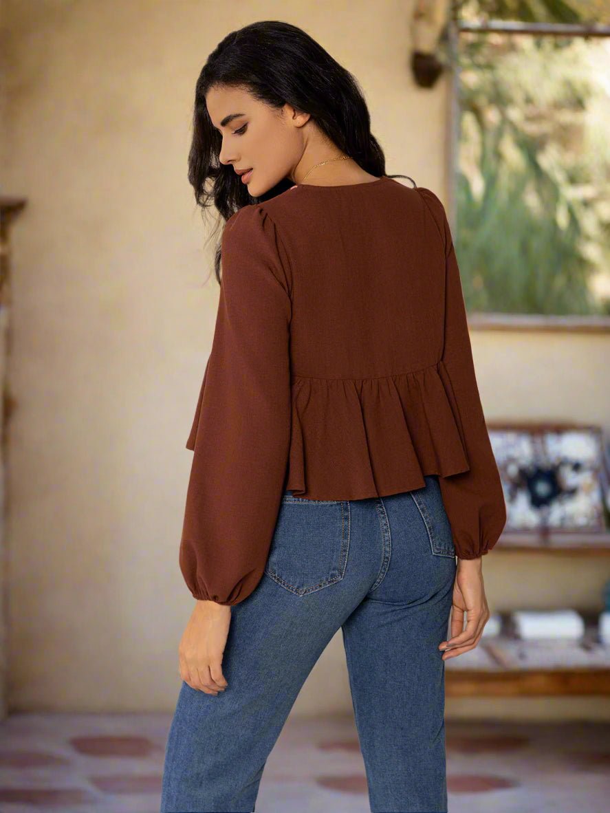 Beach Rose Co. - Brown Tie Front V - Neck Long Sleeve Peplum Blouse