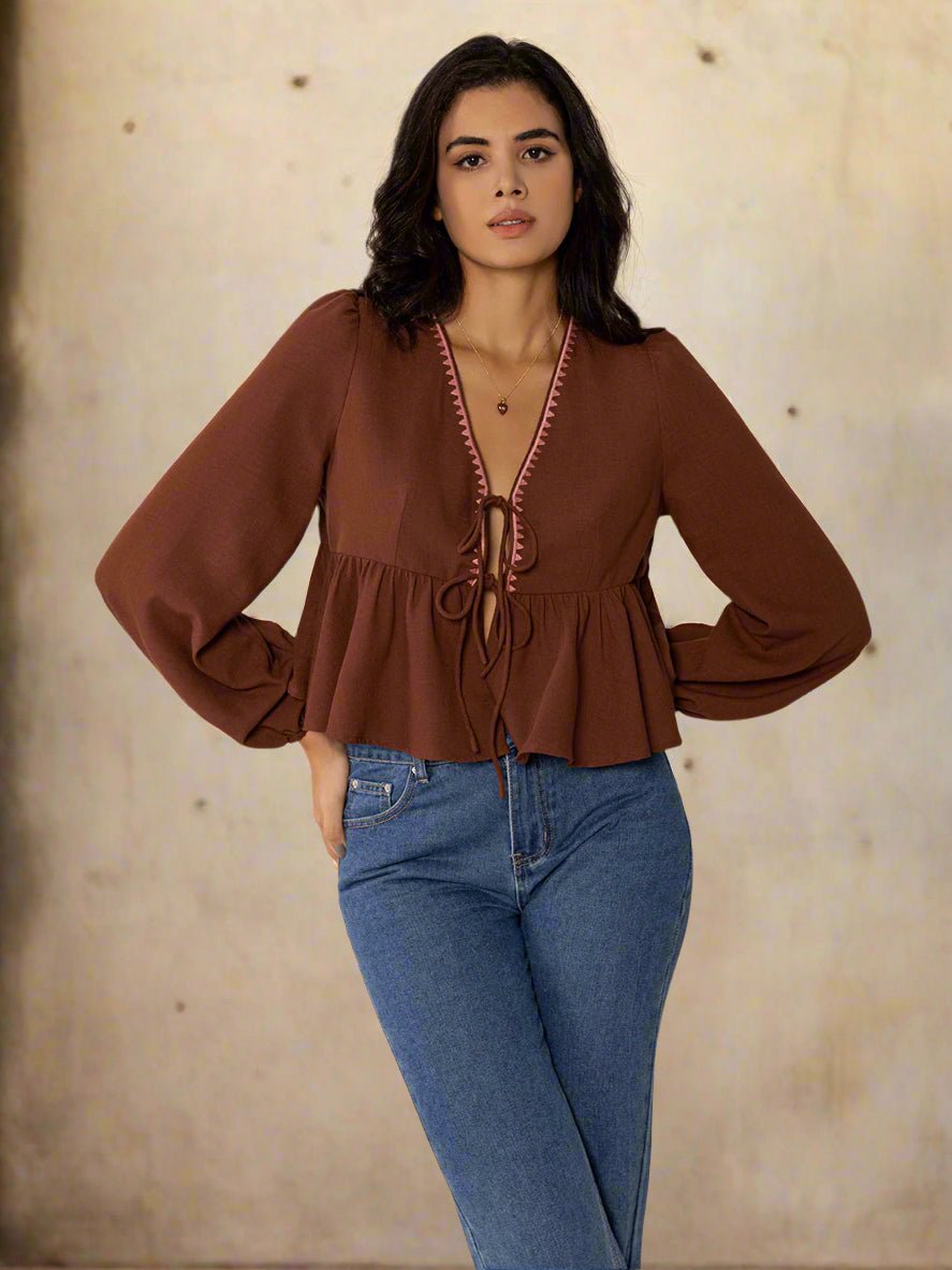 Beach Rose Co. - Brown Tie Front V - Neck Long Sleeve Peplum Blouse