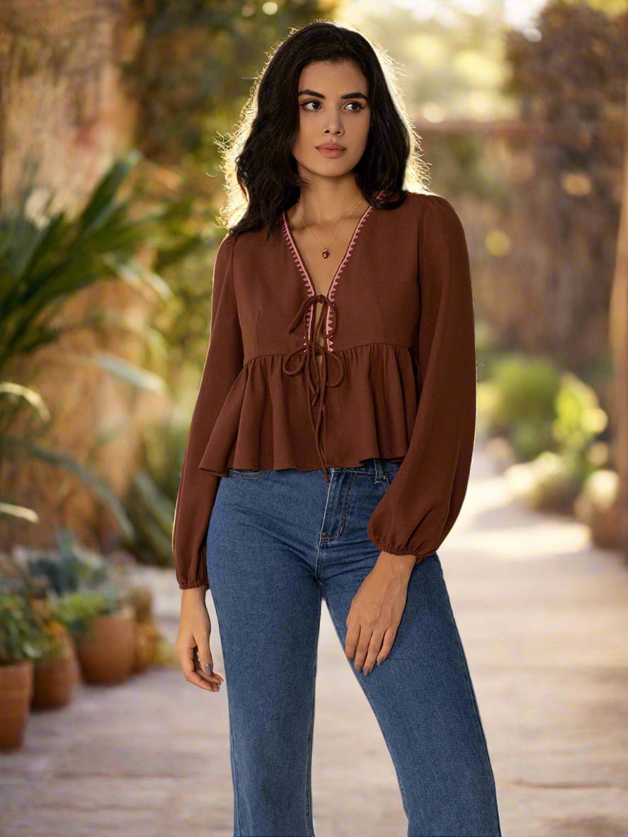 Beach Rose Co. - Brown Tie Front V - Neck Long Sleeve Peplum Blouse