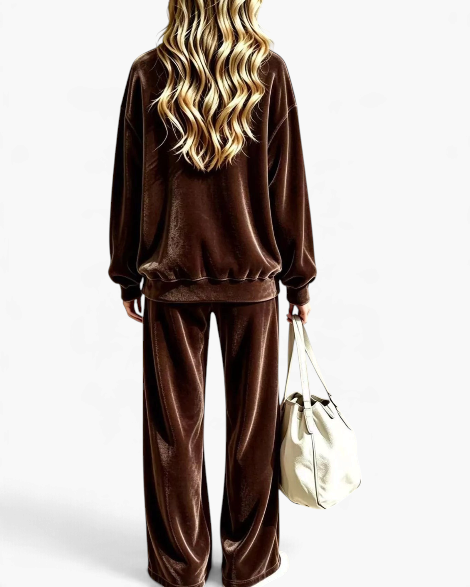Beach Rose Co. brown velour crewneck top and wide leg pants set with a relaxed fit and long sleeves