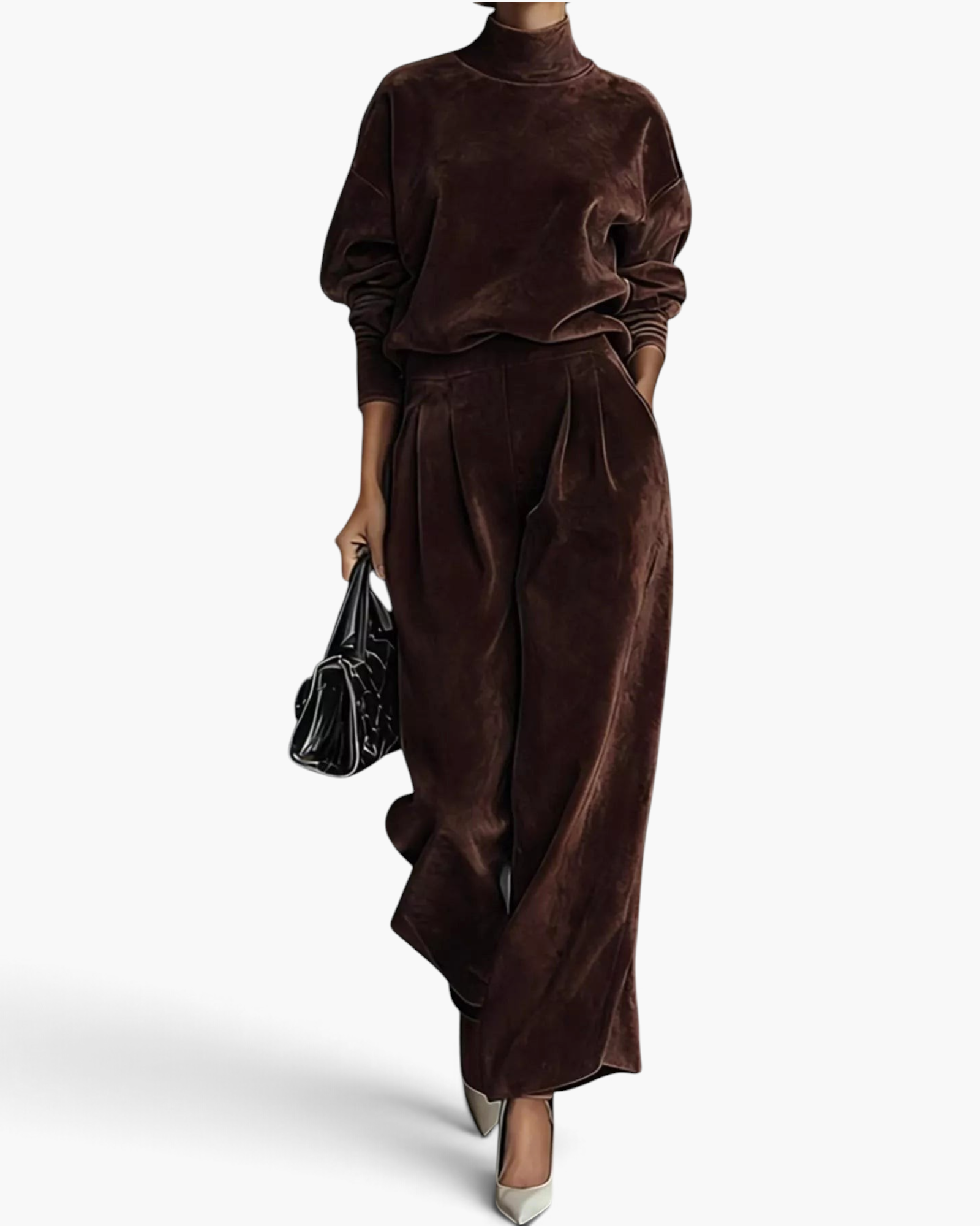 Beach Rose Co. brown velvet two-piece set with a mock neck top and pleated wide leg pants on a model holding a bag.