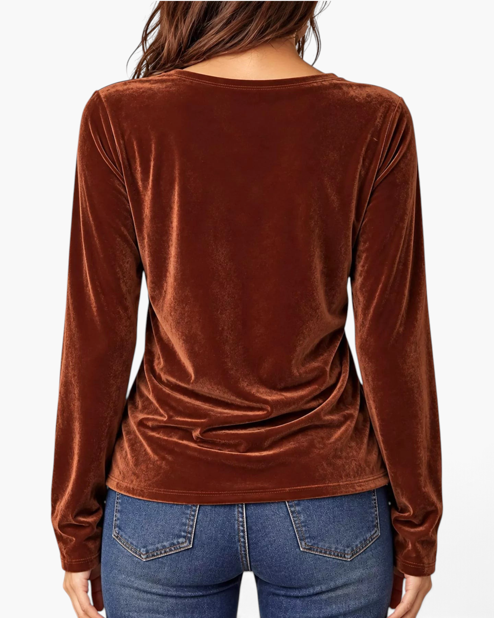 Beach Rose Co. brown velvet long sleeve V-neck top worn with blue jeans, back view showing draped fit.