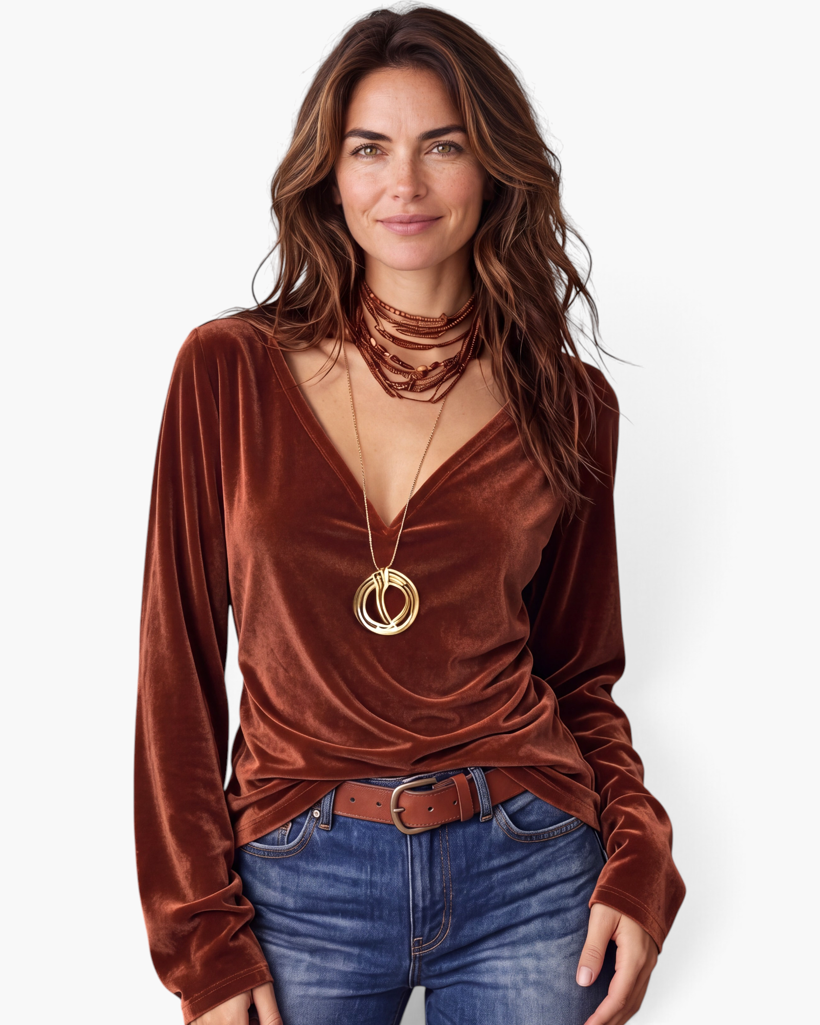 Beach Rose Co. brown velvet long sleeve V-neck top worn by a woman with layered necklaces and blue jeans