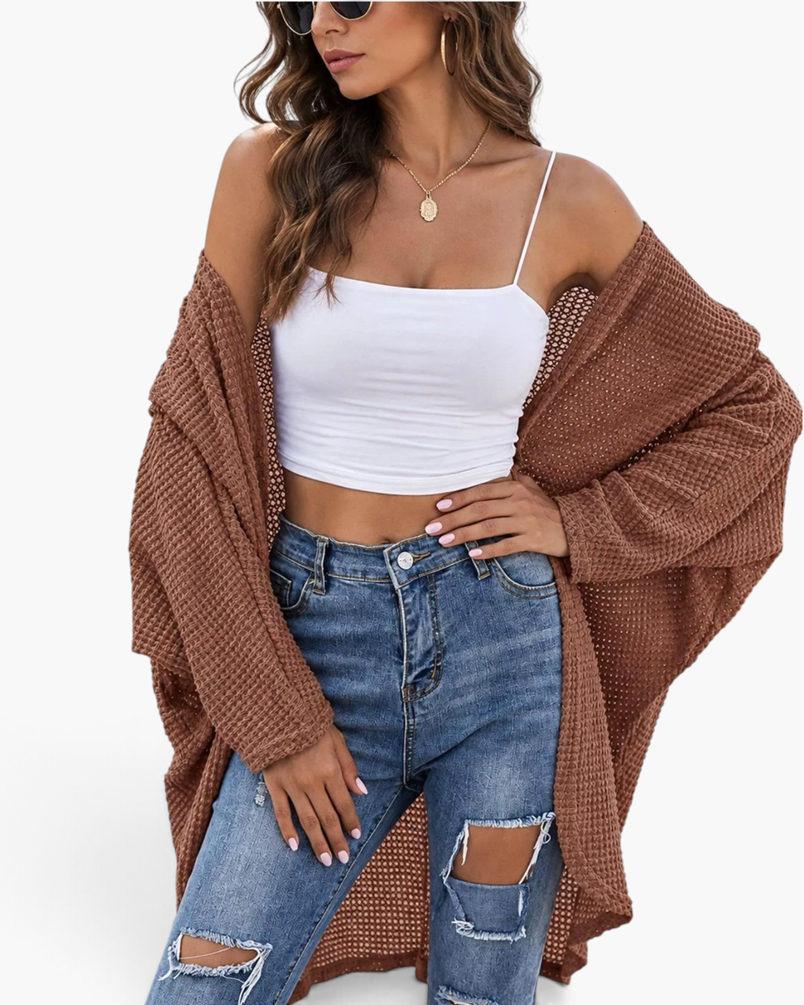 Beach Rose Co. brown waffle knit longline cardigan with an open-front design and dropped shoulders worn over a tank top
