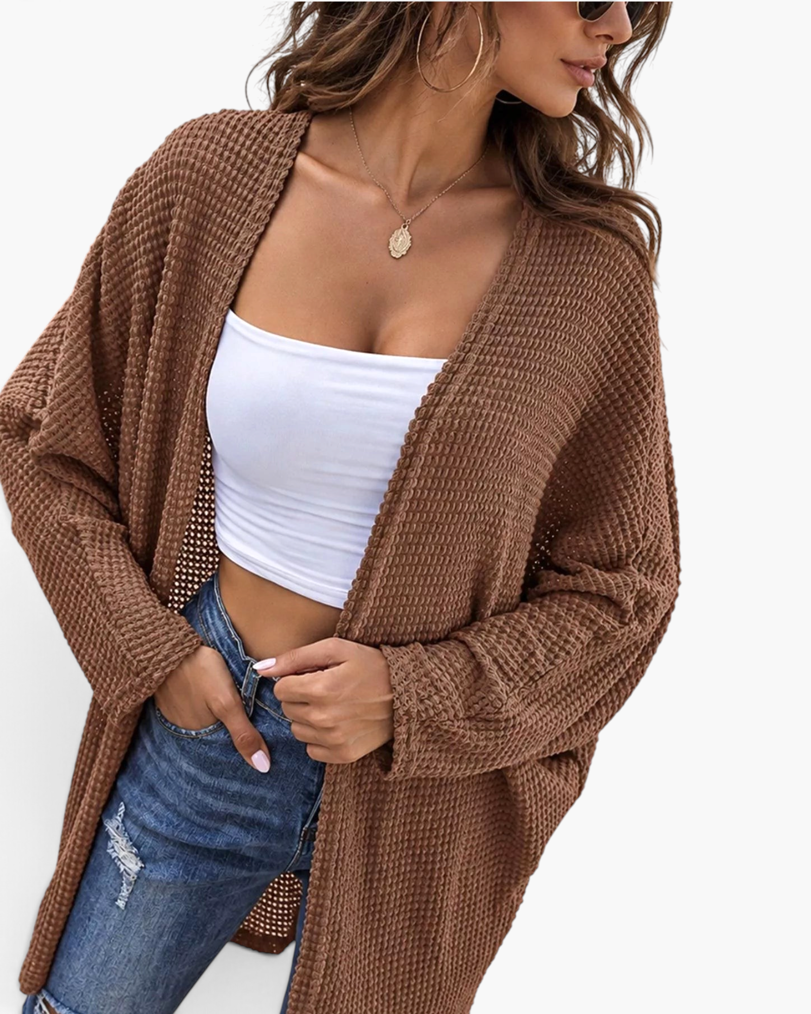 Beach Rose Co. brown waffle knit longline cardigan with an open-front design and relaxed dropped shoulders.