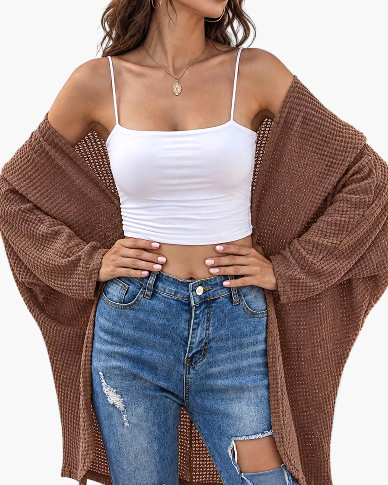 Beach Rose Co. brown waffle knit longline cardigan with an open-front design and relaxed fit worn over a white tank.