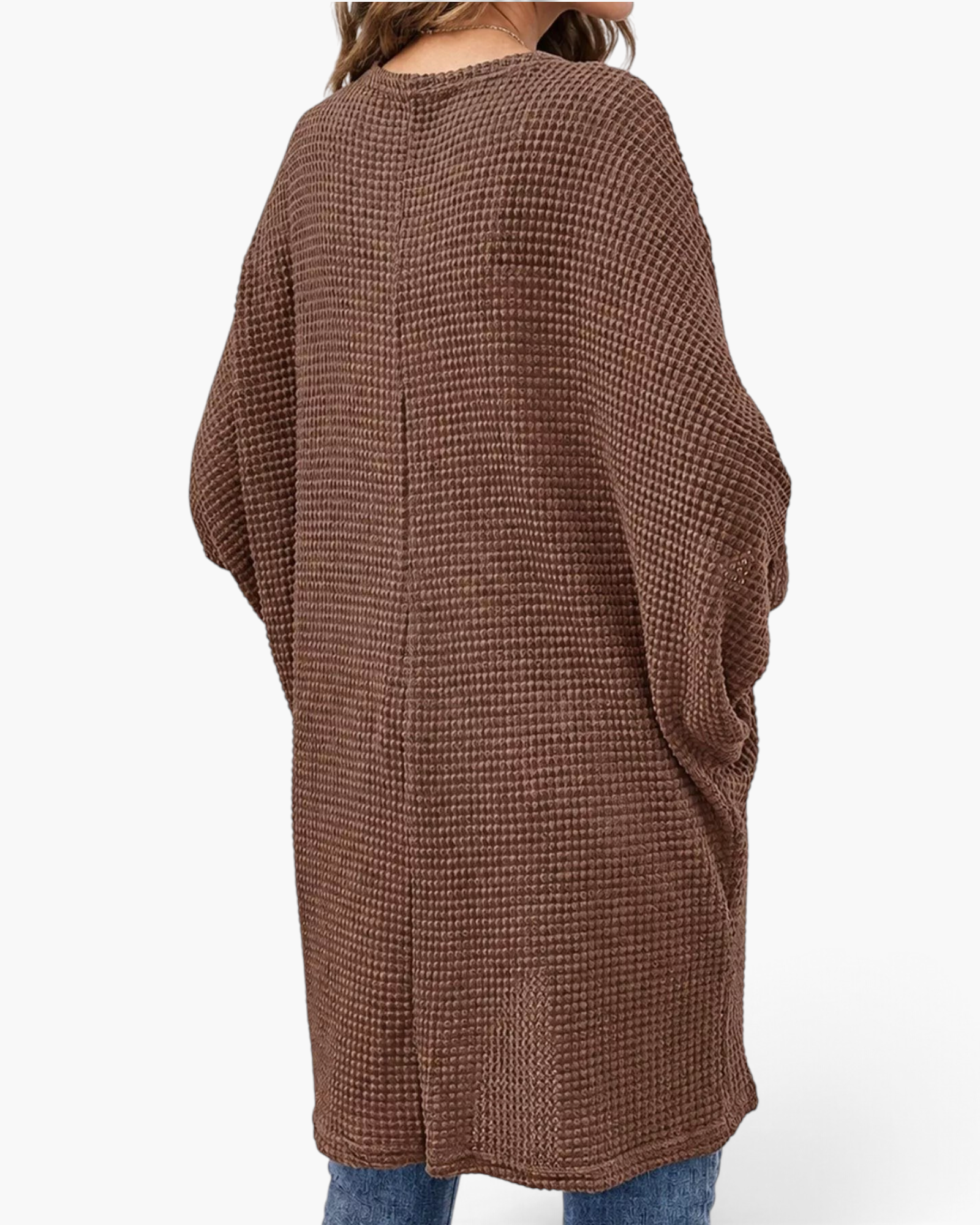 Beach Rose Co. brown waffle knit longline cardigan with a relaxed fit and center-back seam, viewed from the back.
