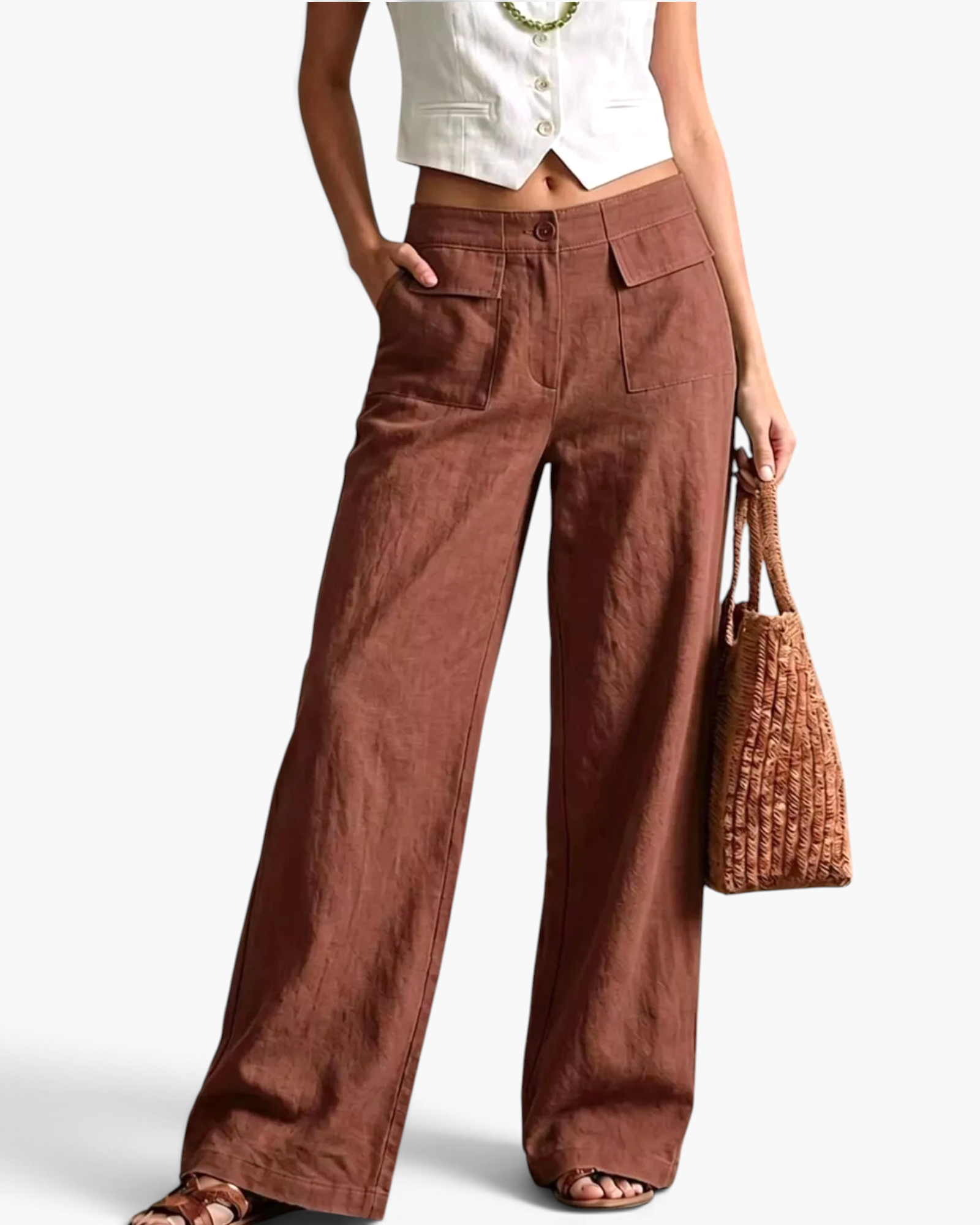 Beach Rose Co. brown cotton blend wide-leg pants featuring oversized front flap pockets and a flat front waistband.