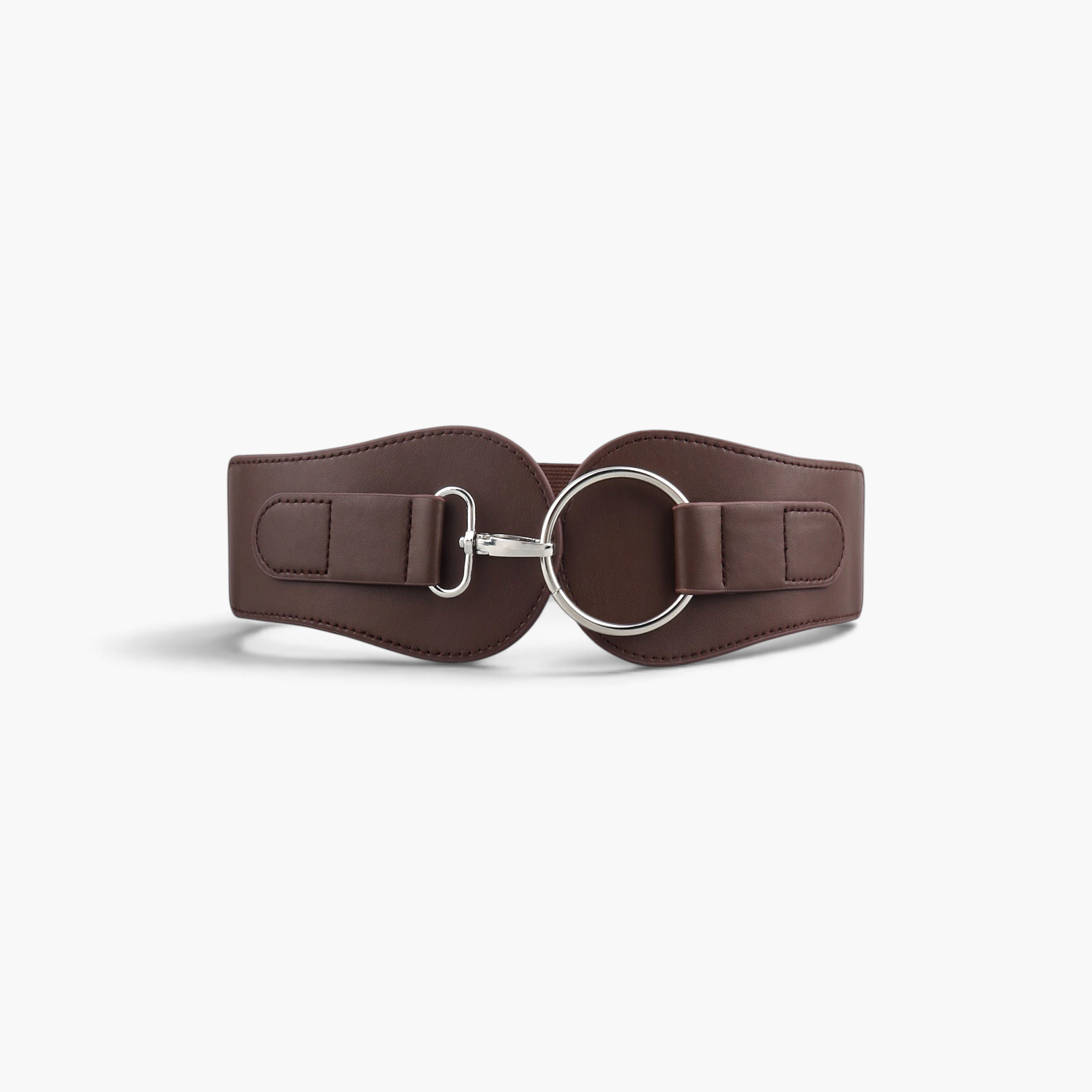 Beach Rose Co. brown wide waist belt with contoured PU panels, elastic band, and a silver-tone ring buckle clasp.