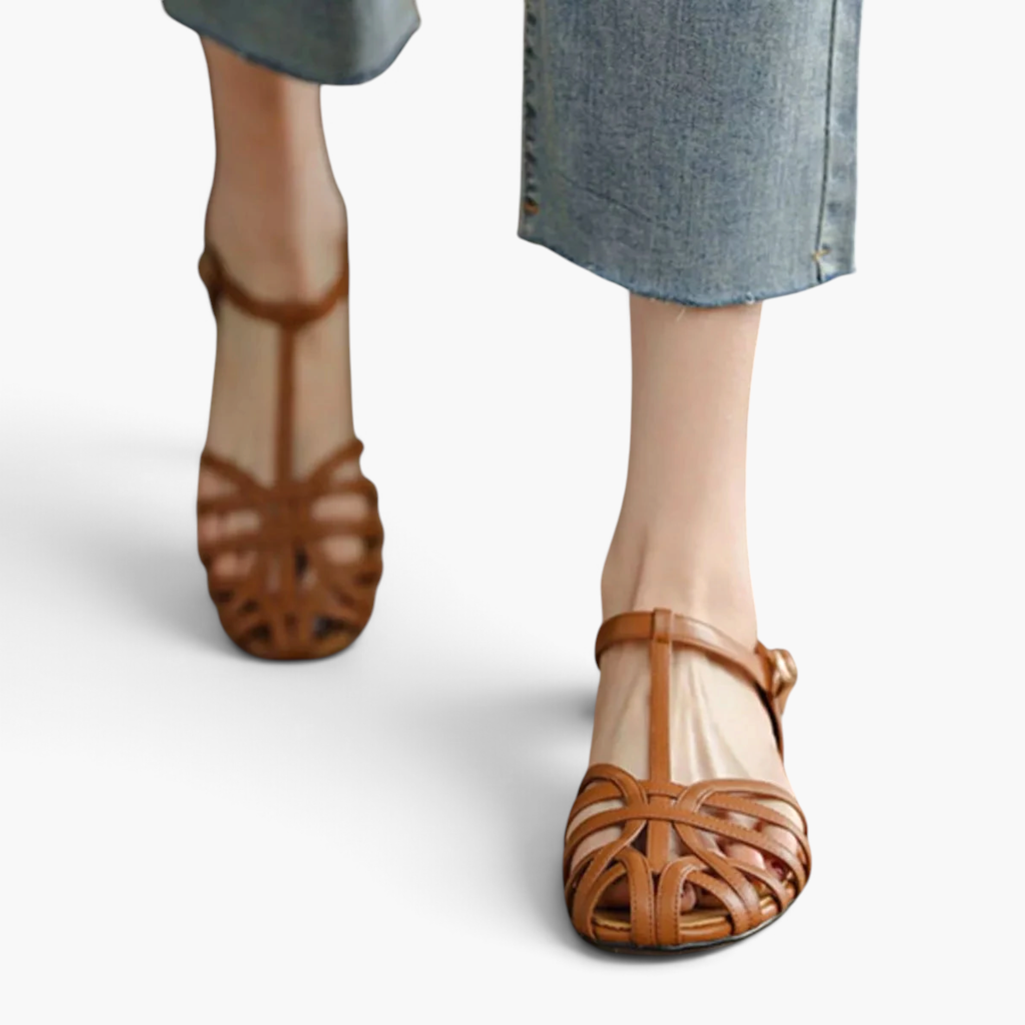 Beach Rose Co. brown PU leather T-bar flat sandals with an interwoven caged strap design and adjustable buckle.
