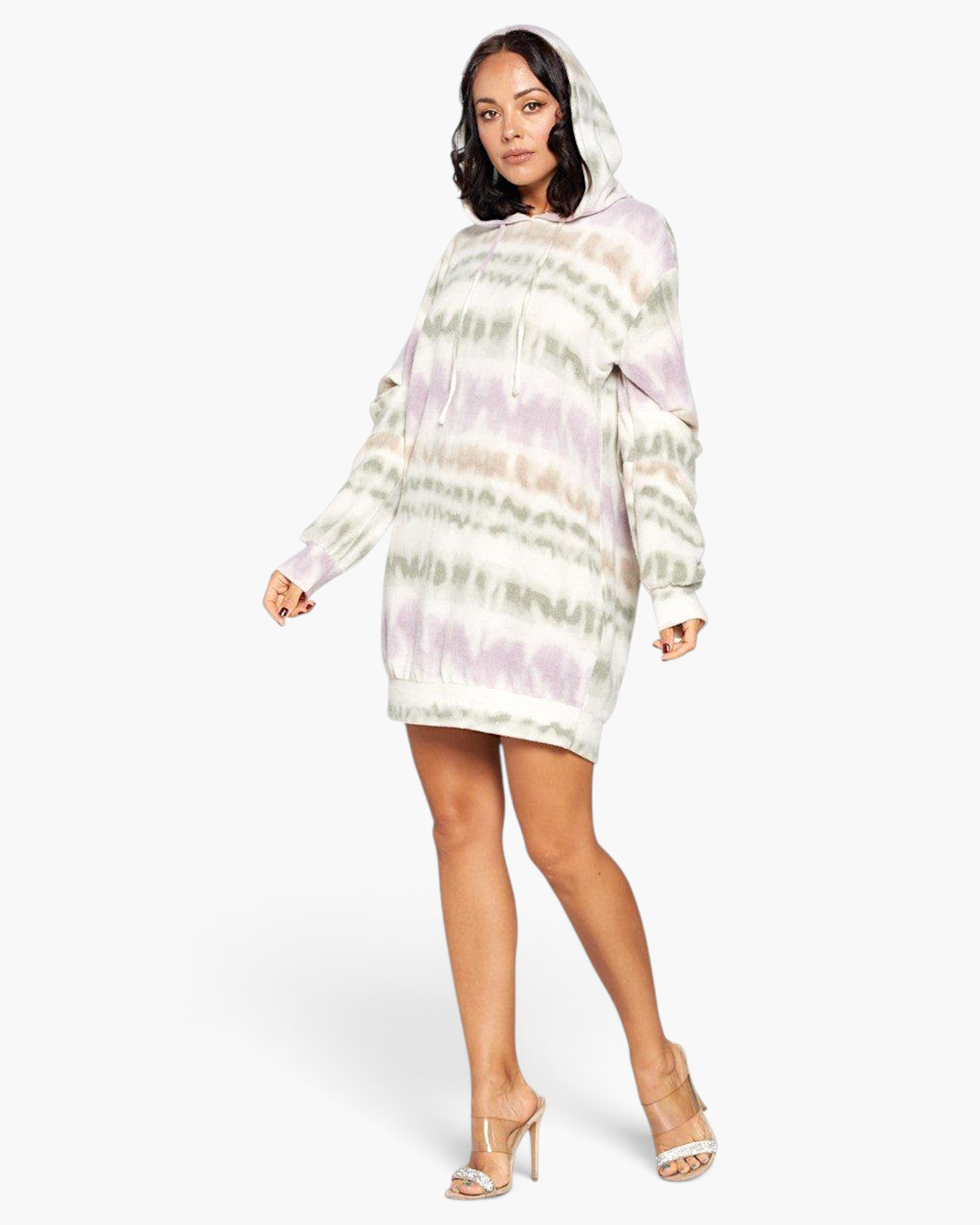 Beach Rose Co. model wearing a long-sleeve hooded sweater dress in a soft lavender and olive tie-dye brushed print.