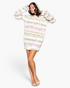 Beach Rose Co. model wearing a soft, hooded terry brushed sweater dress with a multi-colored horizontal print.