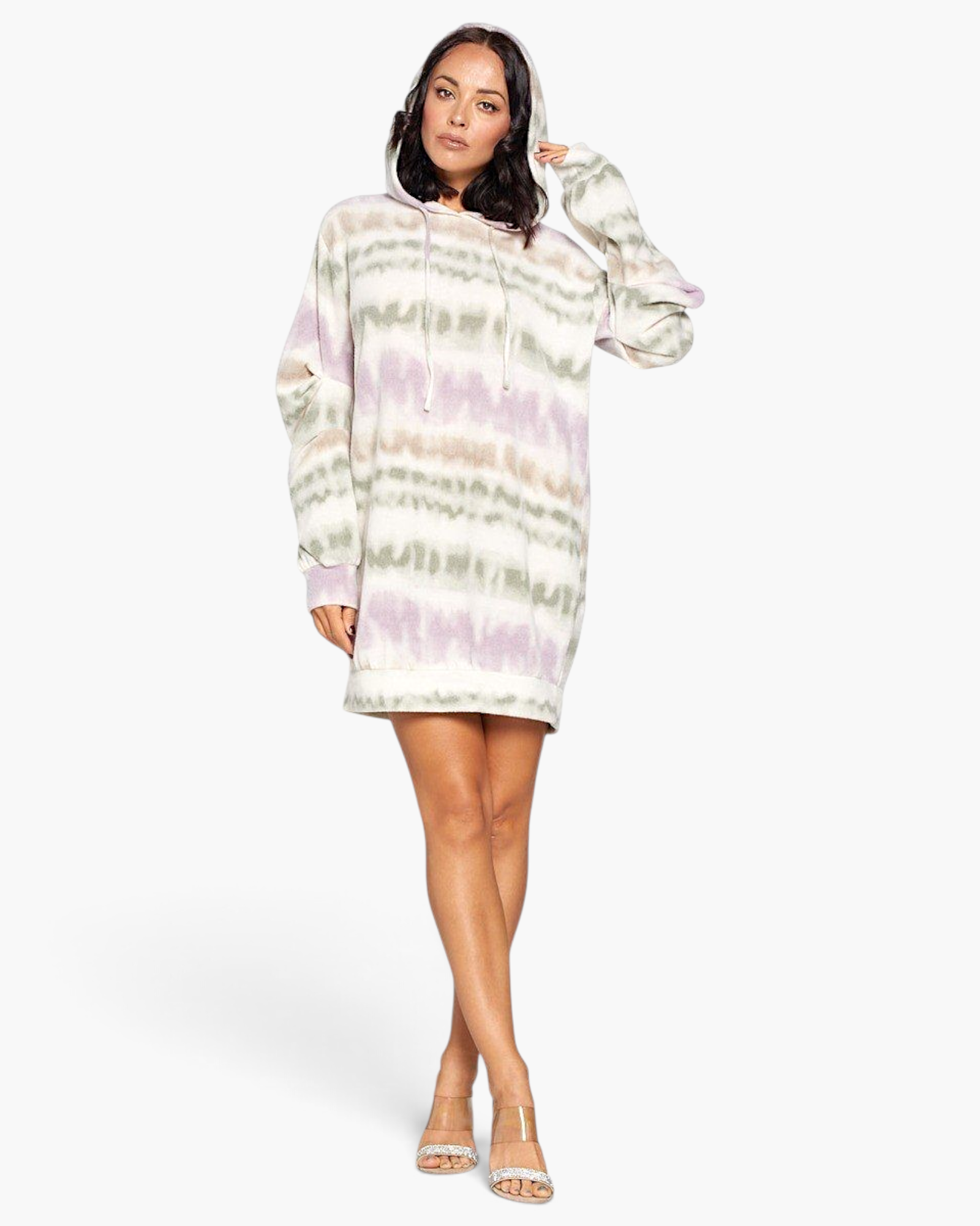 Model wearing a Beach Rose Co. terry brushed print sweater dress with a hood in cream, olive, and lavender tones.