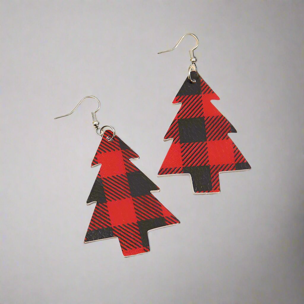 Beach Rose Co. - Buffalo Plaid Vegan Leather Christmas Tree Dangle Earrings