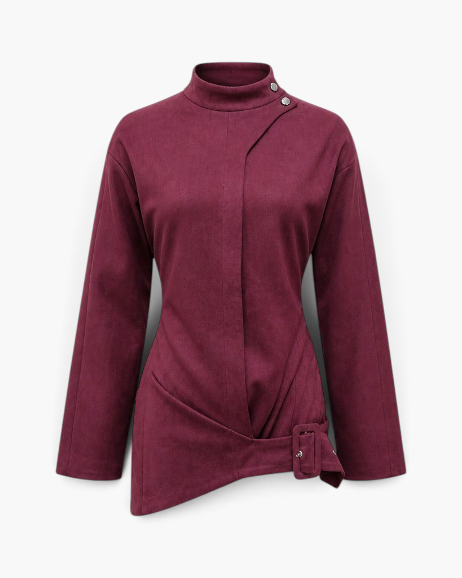 Beach Rose Co. burgundy fitted jacket with a mock neck, shoulder snaps, and an asymmetrical hem with a side buckle.