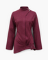 Beach Rose Co. burgundy fitted jacket with a mock neck, shoulder snaps, and an asymmetrical hem with a side buckle.