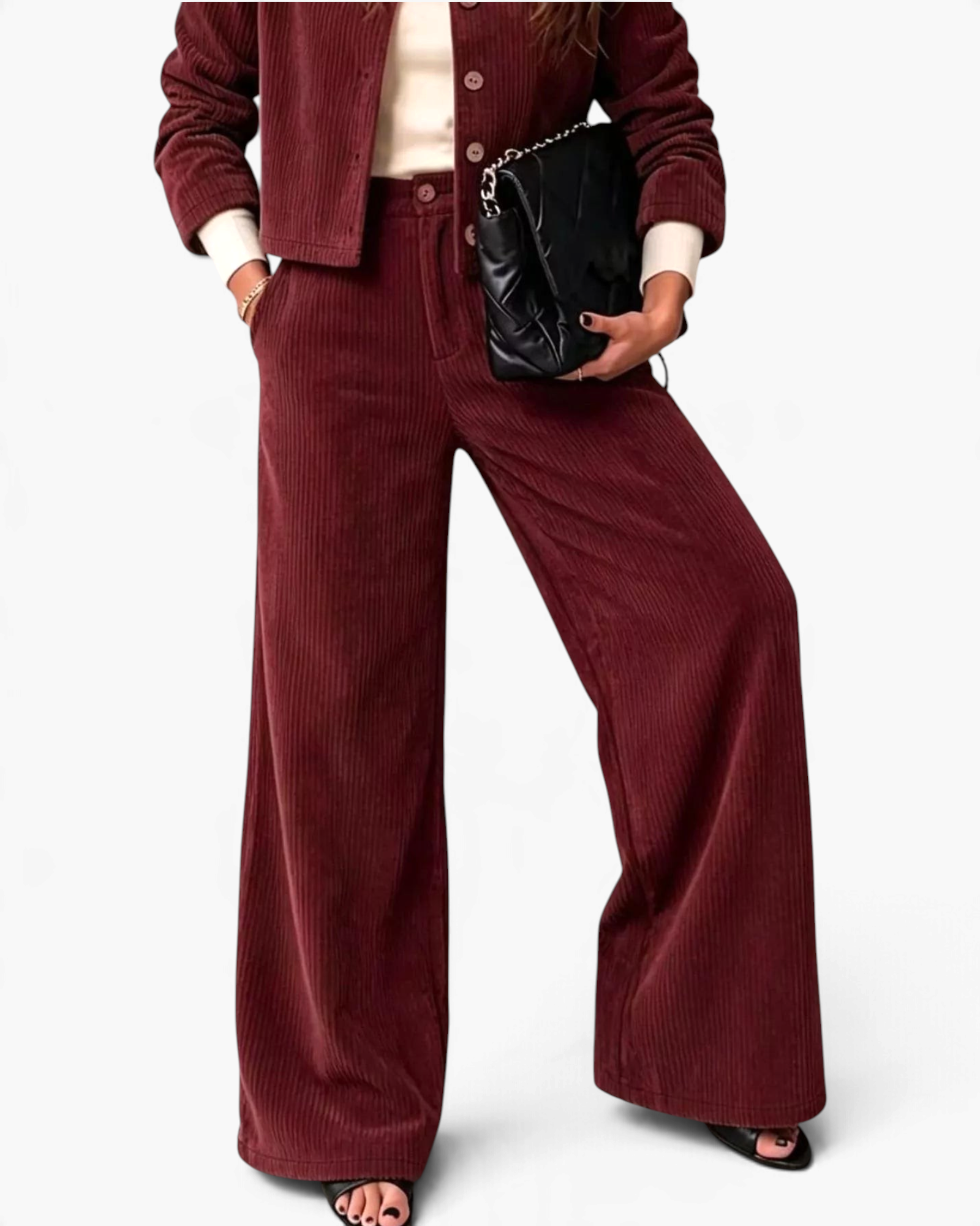 Beach Rose Co. burgundy corduroy two-piece set featuring a button-front jacket and wide-leg trousers.