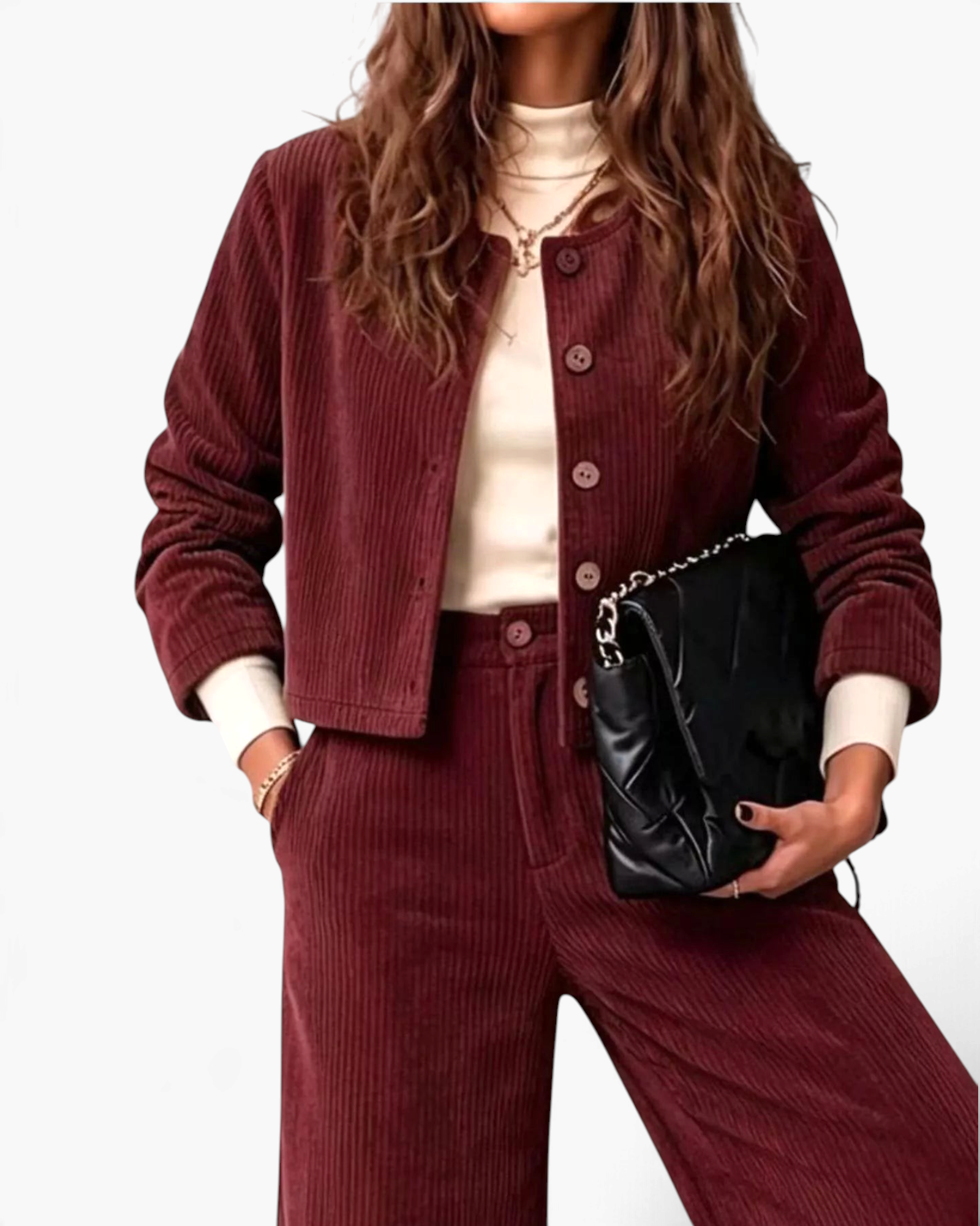 Beach Rose Co. burgundy corduroy two-piece set featuring a button-front jacket and wide leg pants on a model.