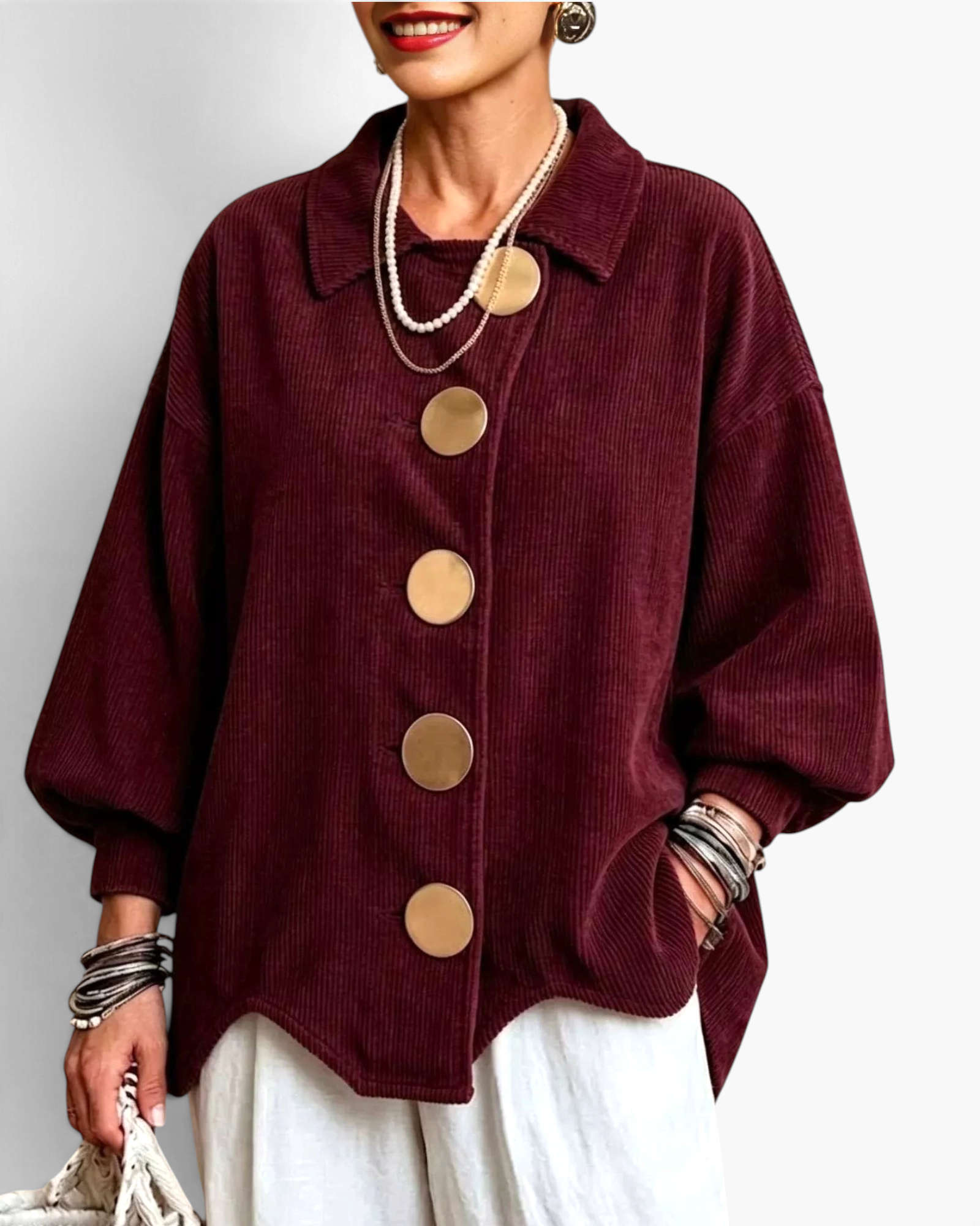 Beach Rose Co. burgundy corduroy shacket with oversized gold buttons, balloon sleeves, and a relaxed curved hem.