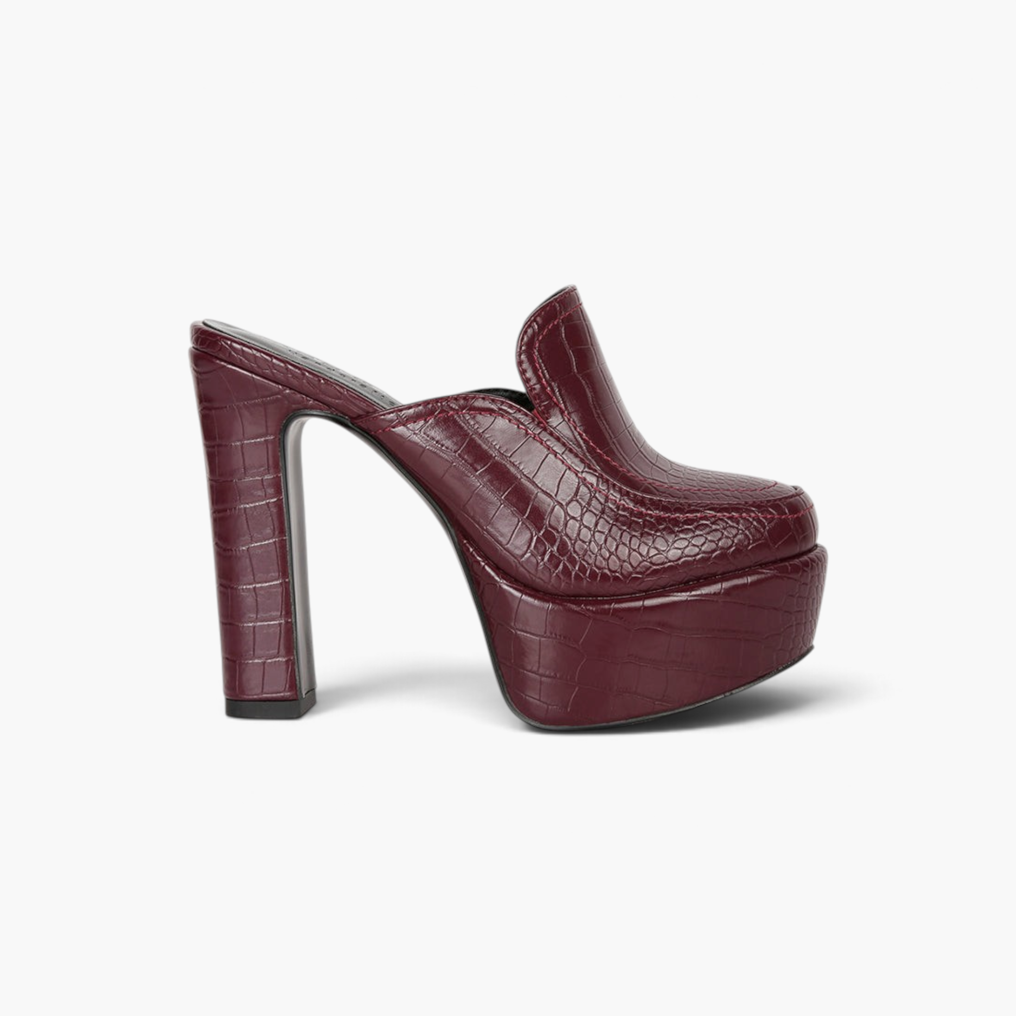 Beach Rose Co. burgundy croc-embossed leatherette platform mules with a high block heel and closed almond toe.