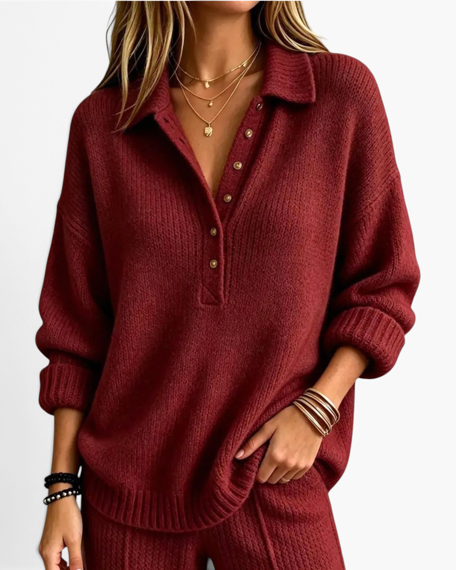 Beach Rose Co. burgundy relaxed knit sweater with a collared button placket, dropped shoulders, and ribbed trim.