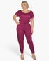 Beach Rose Co. plus size burgundy short sleeve jumpsuit in soft stretch jersey with a drawstring waist