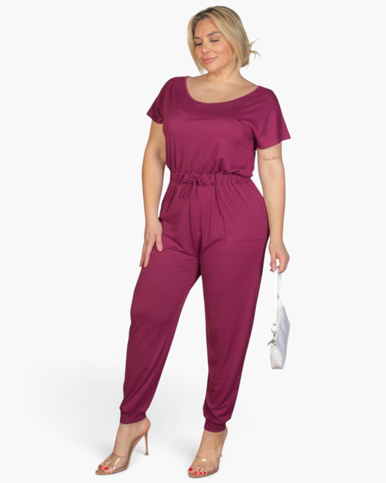Beach Rose Co. plus size burgundy short sleeve jumpsuit in soft stretch jersey with a flattering drawstring waist