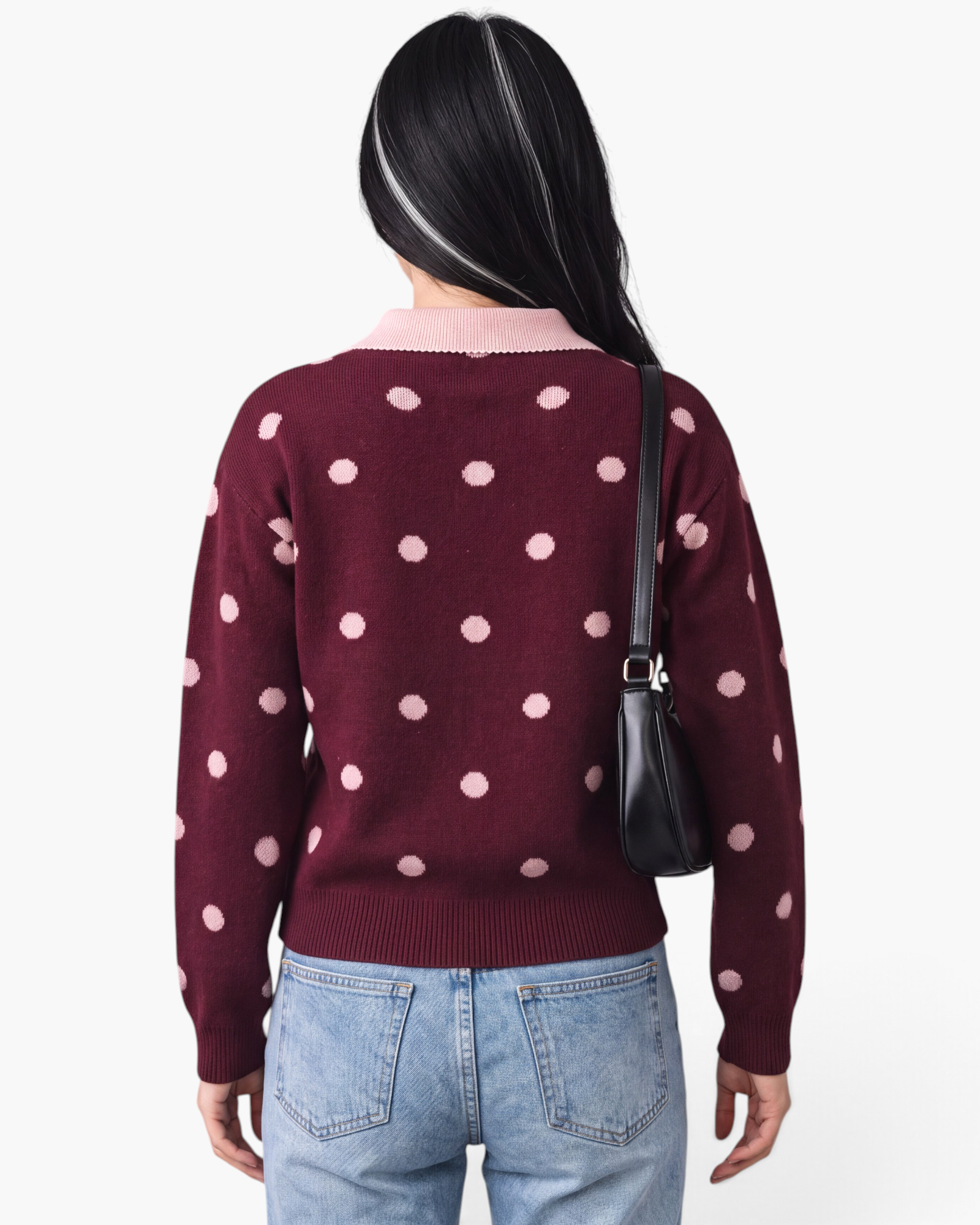 Beach Rose Co. burgundy knit sweater with blush polka dots, contrast scalloped collar, and relaxed fit, back view.