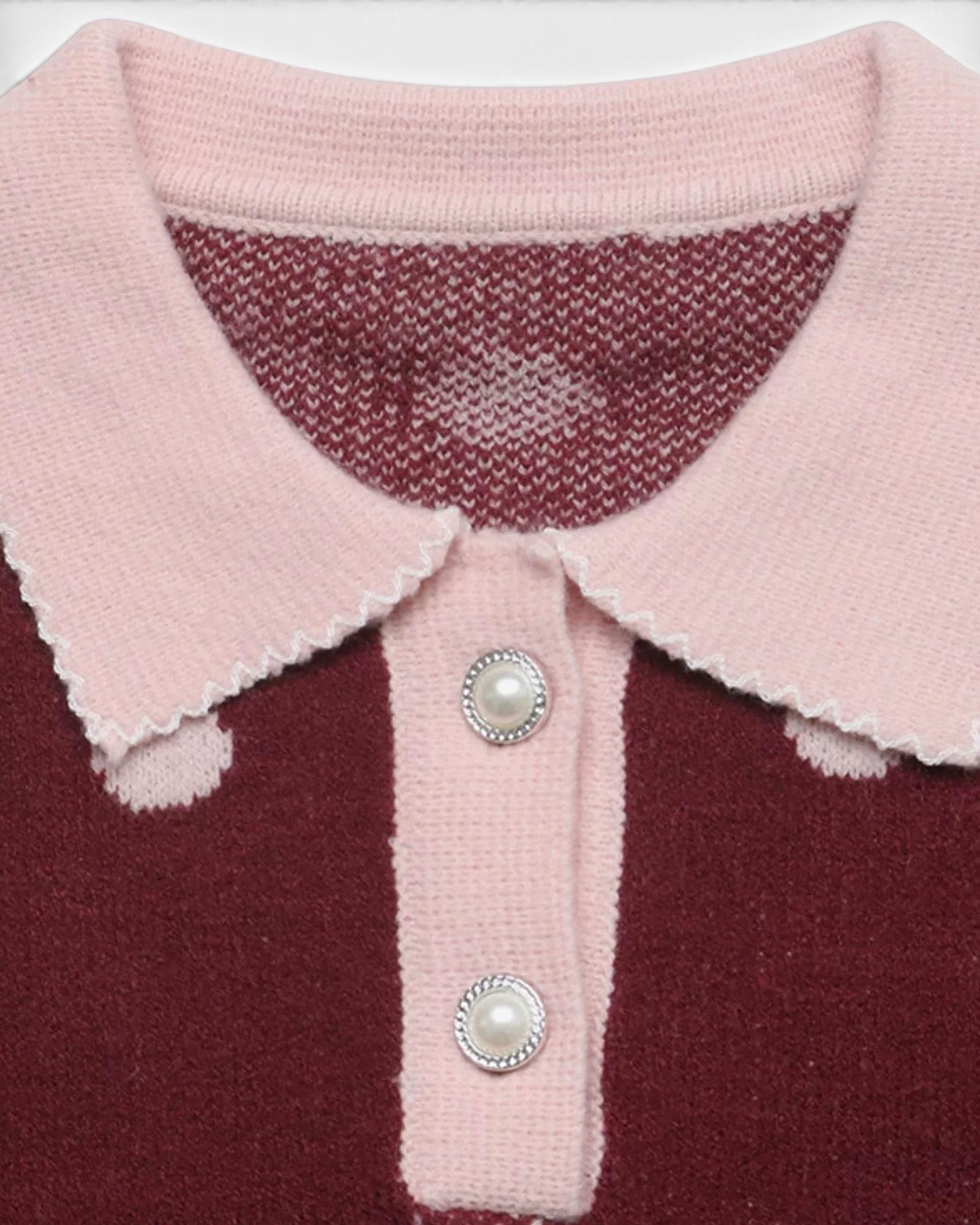 Beach Rose Co. burgundy knit sweater with blush polka dots, scalloped polo collar, and pearl-look button placket.