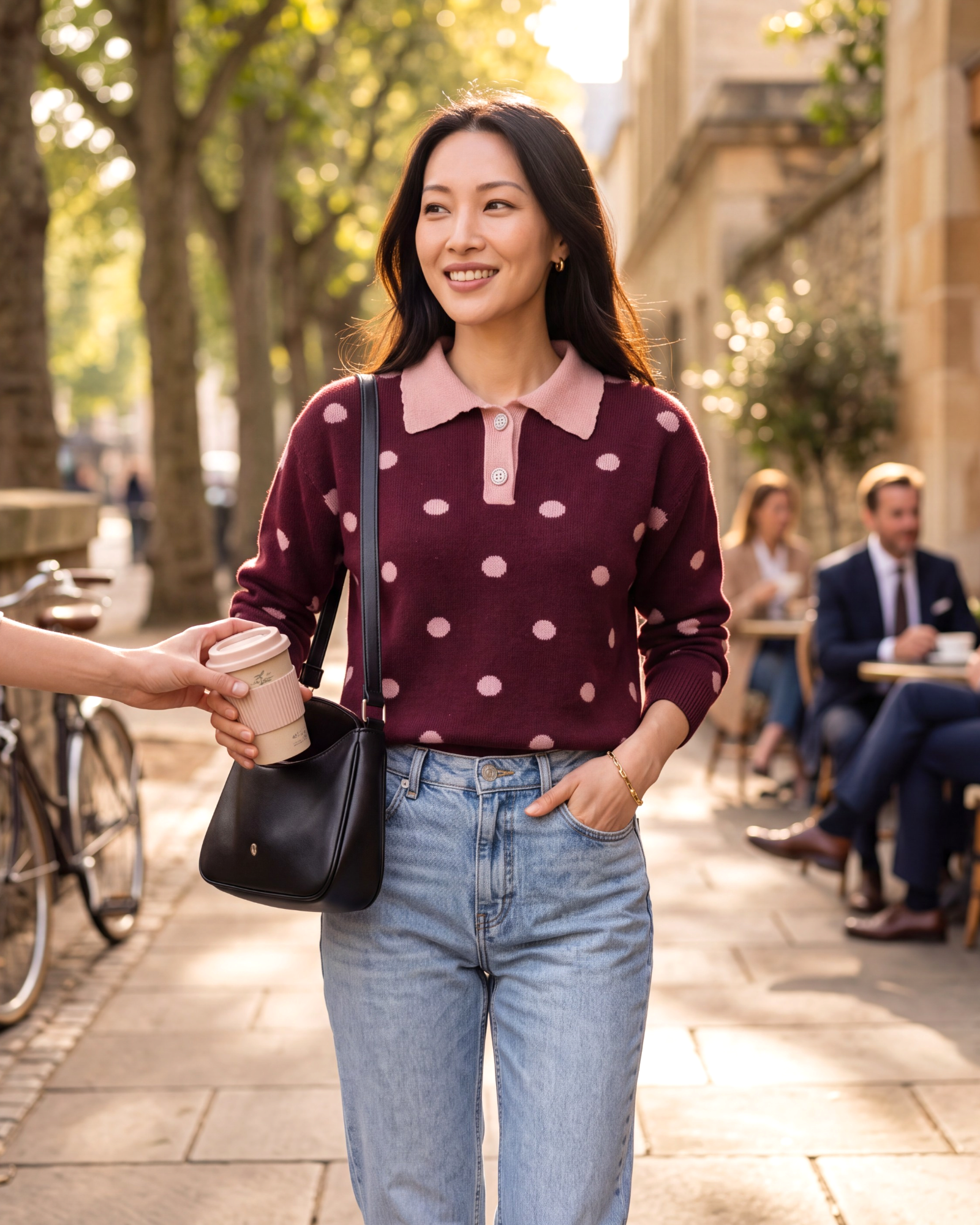 Beach Rose Co. burgundy knit sweater with blush polka dots, scalloped collar, and pearl buttons worn with jeans.