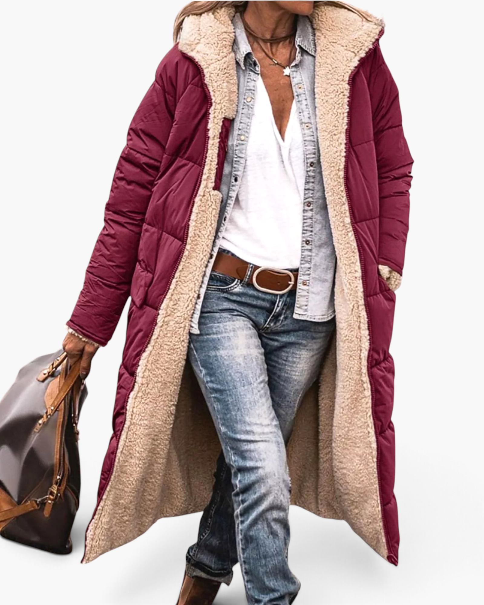 Beach Rose Co. longline quilted coat in burgundy with a plush cream fleece lining, hood, and front zip closure.