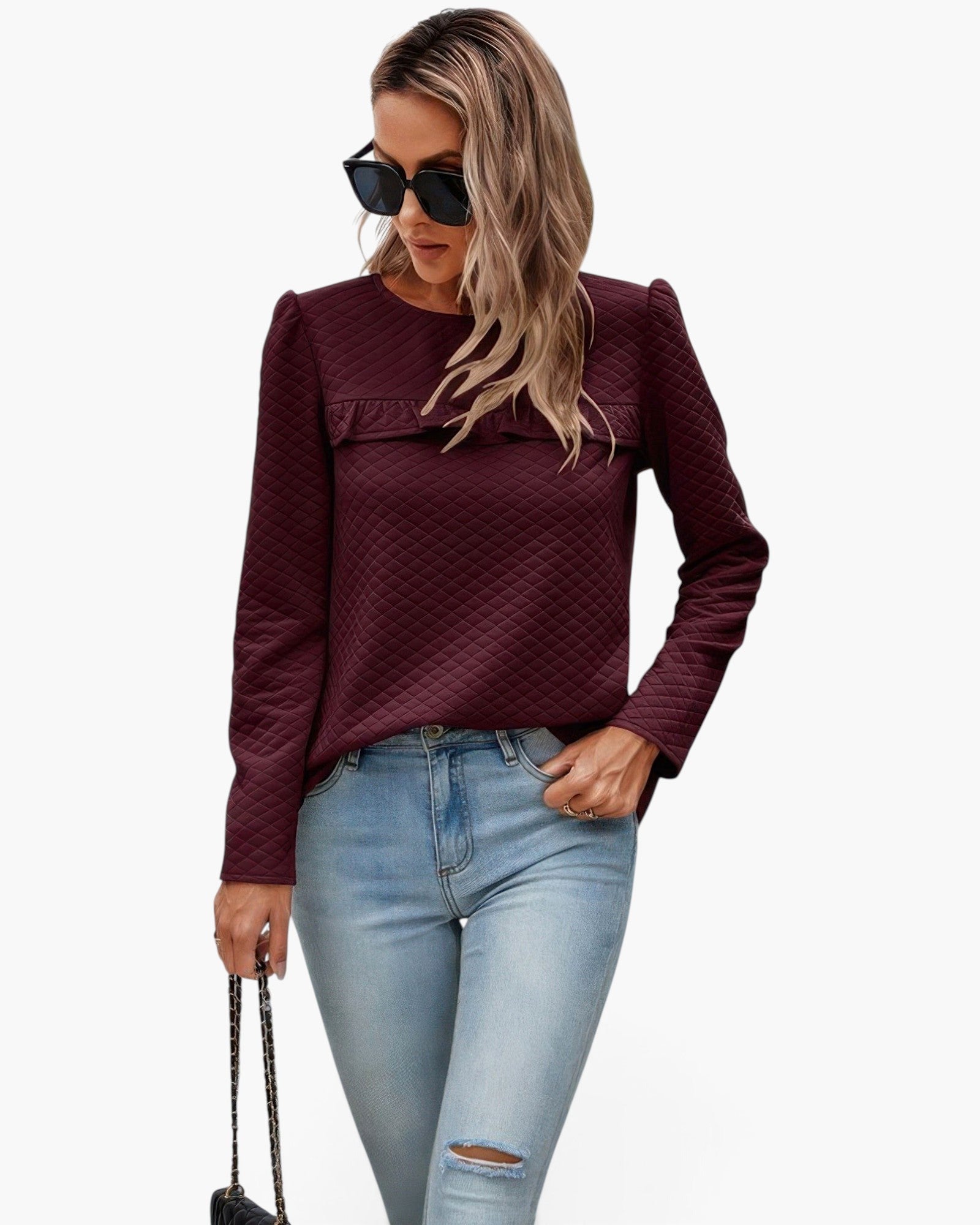 Beach Rose Co. burgundy quilted crewneck pullover with back ruffle detail worn by a woman with sunglasses and jeans