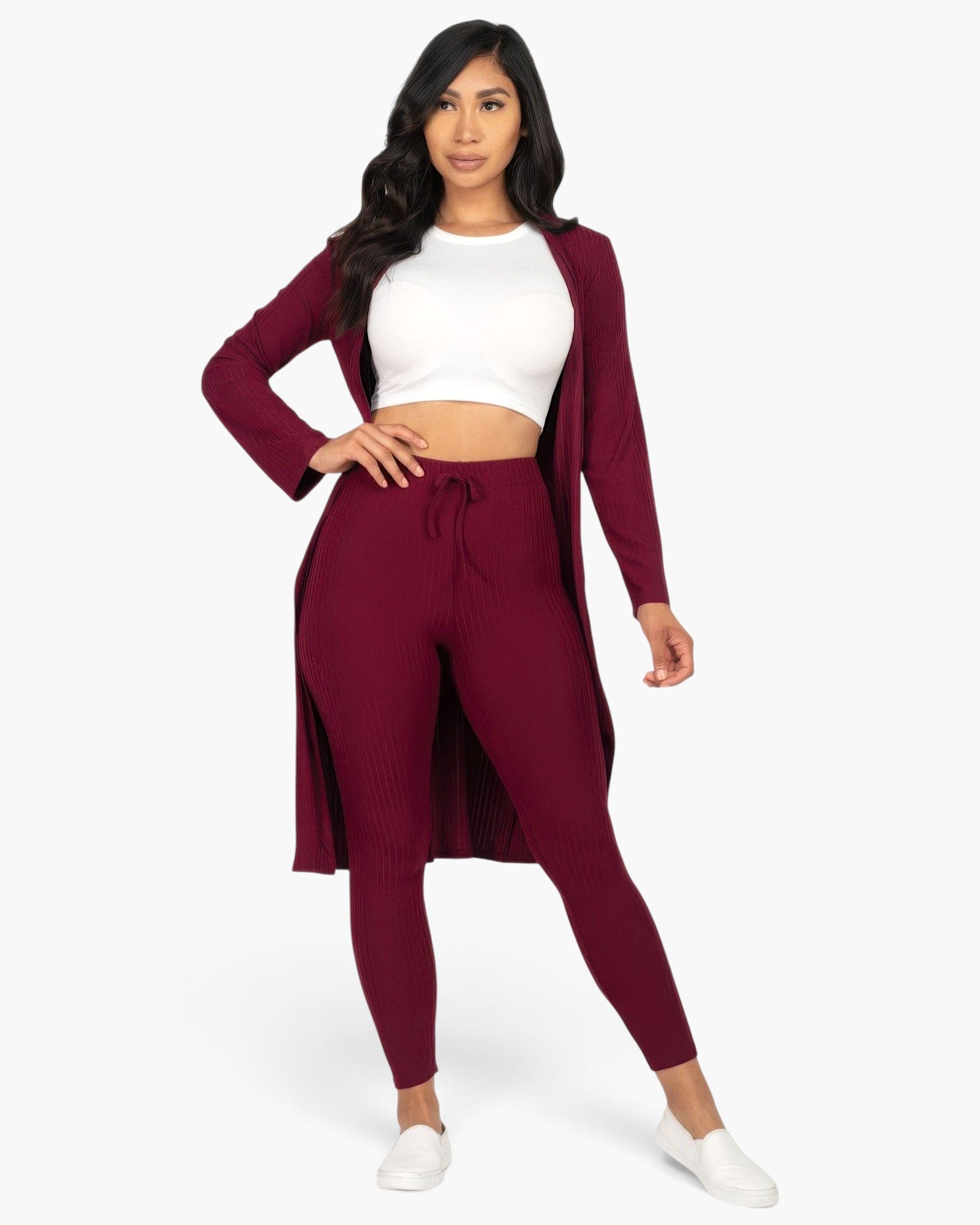 Beach Rose Co. burgundy ribbed long cardigan and leggings set worn by a woman with a white crop top