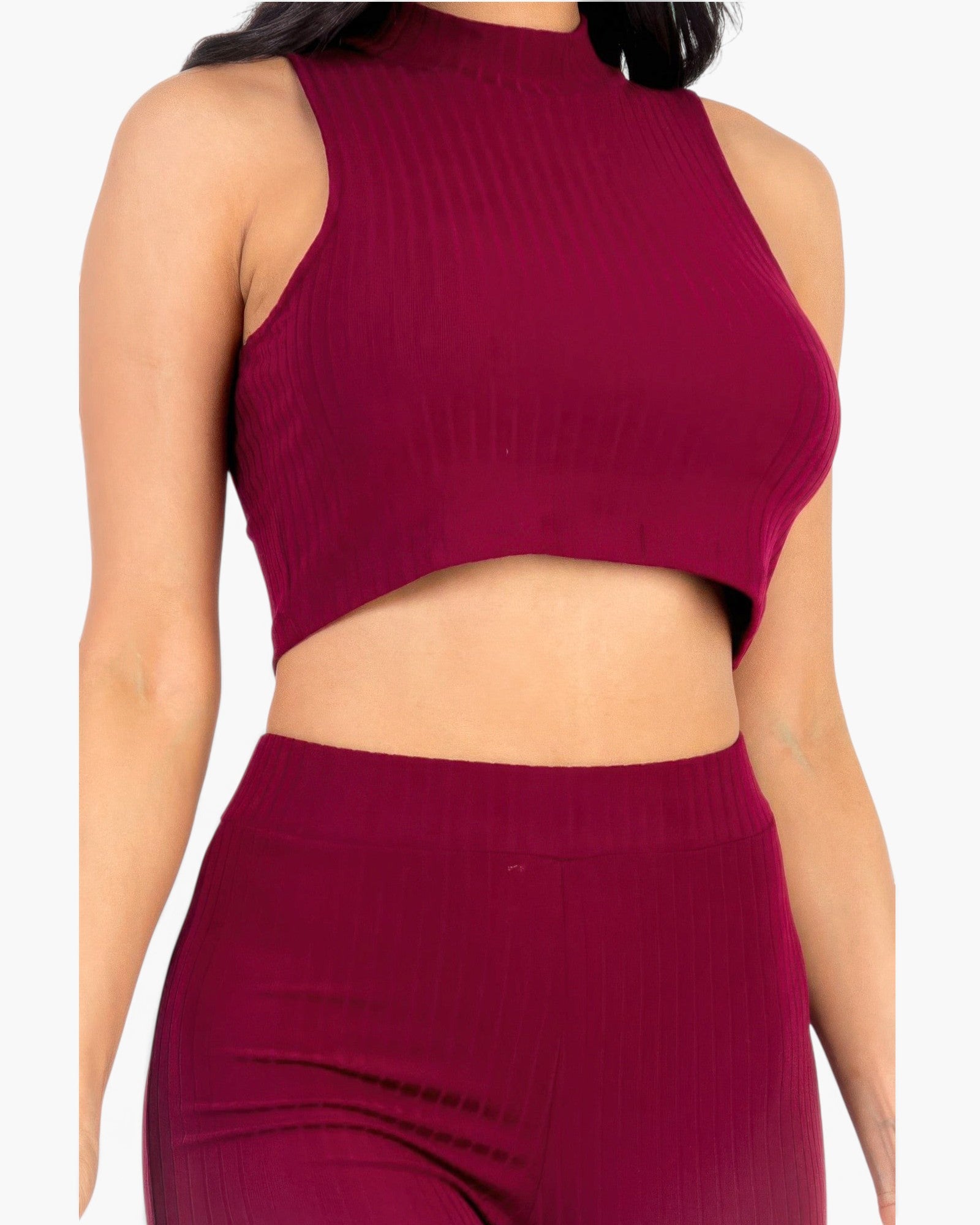 Beach Rose Co. burgundy ribbed mock neck crop tank top and matching bootcut pants set on a model
