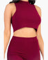 Beach Rose Co. burgundy ribbed mock neck crop tank top and matching bootcut pants set on a model