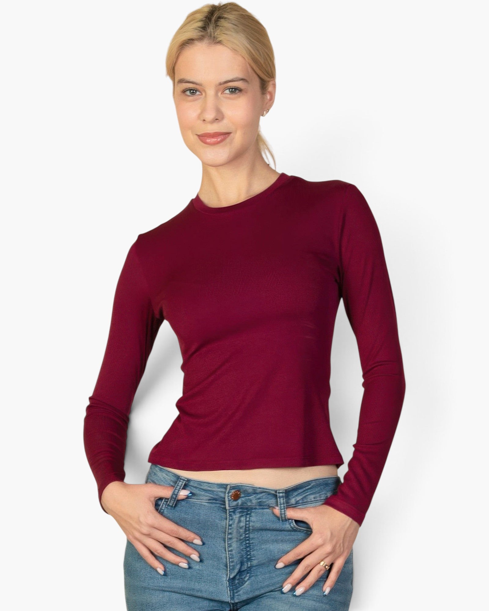 Beach Rose Co. burgundy ribbed long-sleeve crew-neck top worn by a blonde model with blue jeans.