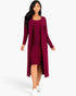 Beach Rose Co. burgundy ribbed midi bodycon dress and matching long cardigan set worn by a model.