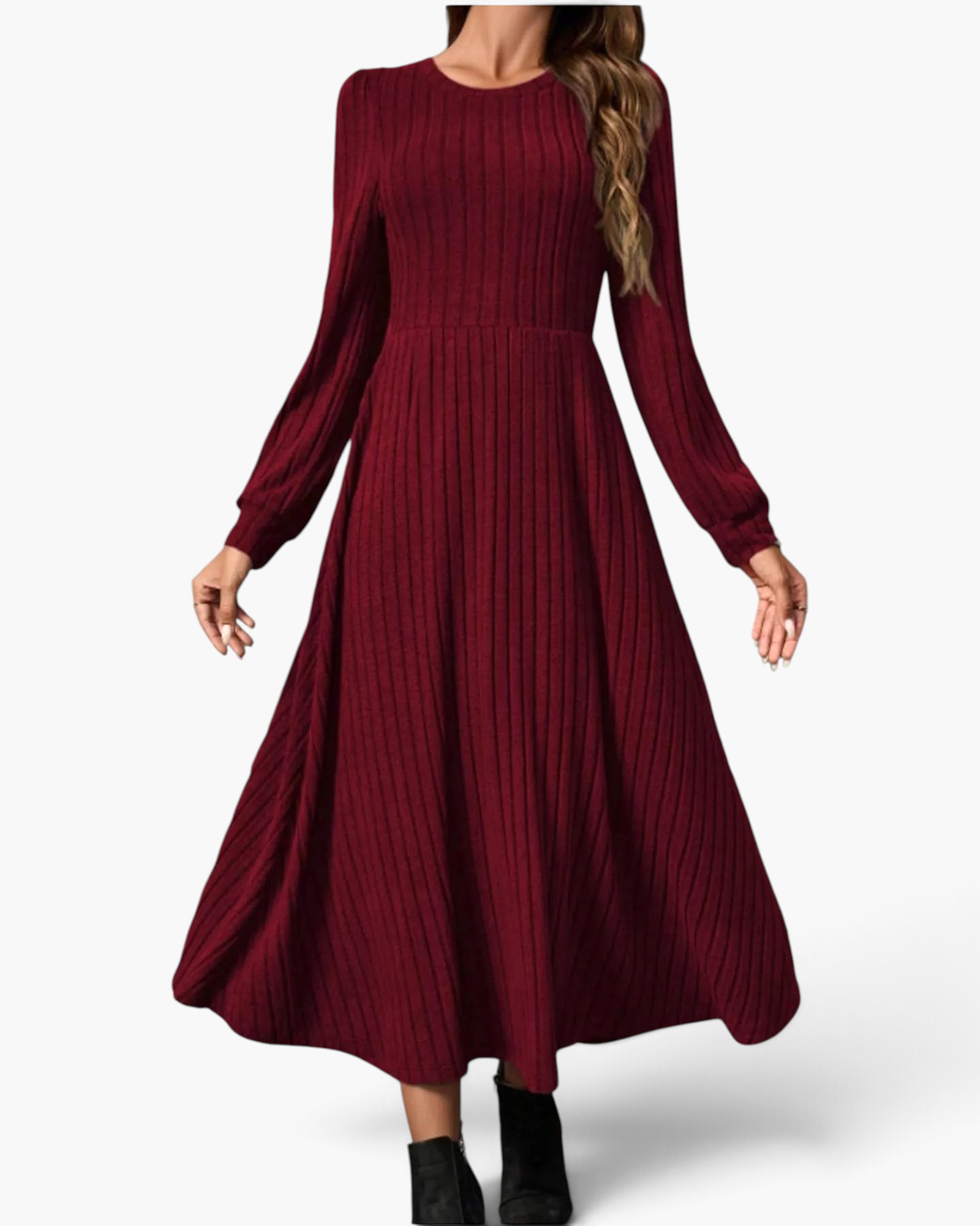 Beach Rose Co. burgundy ribbed knit midi dress with long balloon sleeves, round neckline, and a flared skirt.