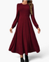 Beach Rose Co. burgundy ribbed knit midi dress with long balloon sleeves, round neckline, and a flared skirt.
