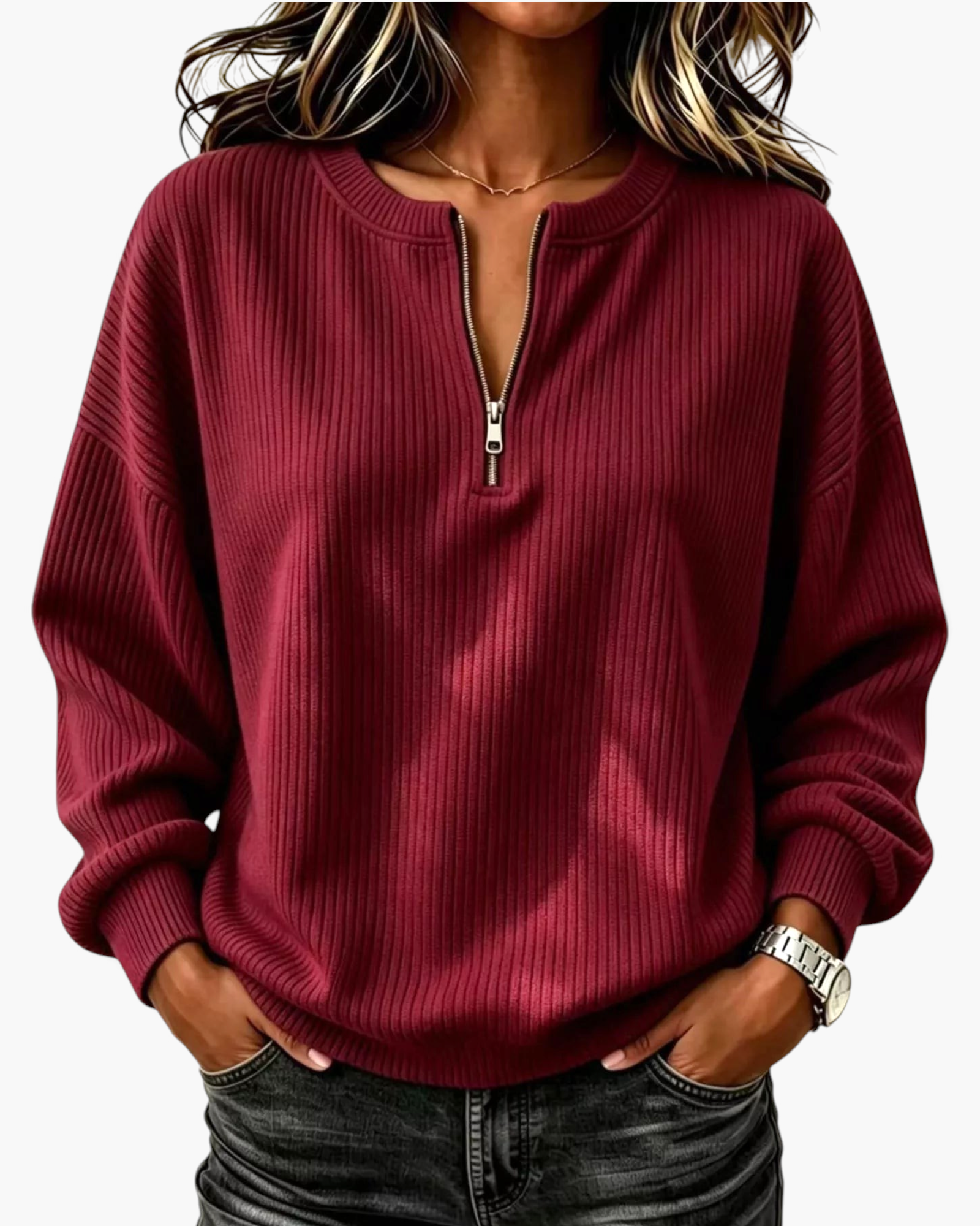 Beach Rose Co. burgundy ribbed quarter-zip pullover with dropped shoulders and banded cuffs on a woman