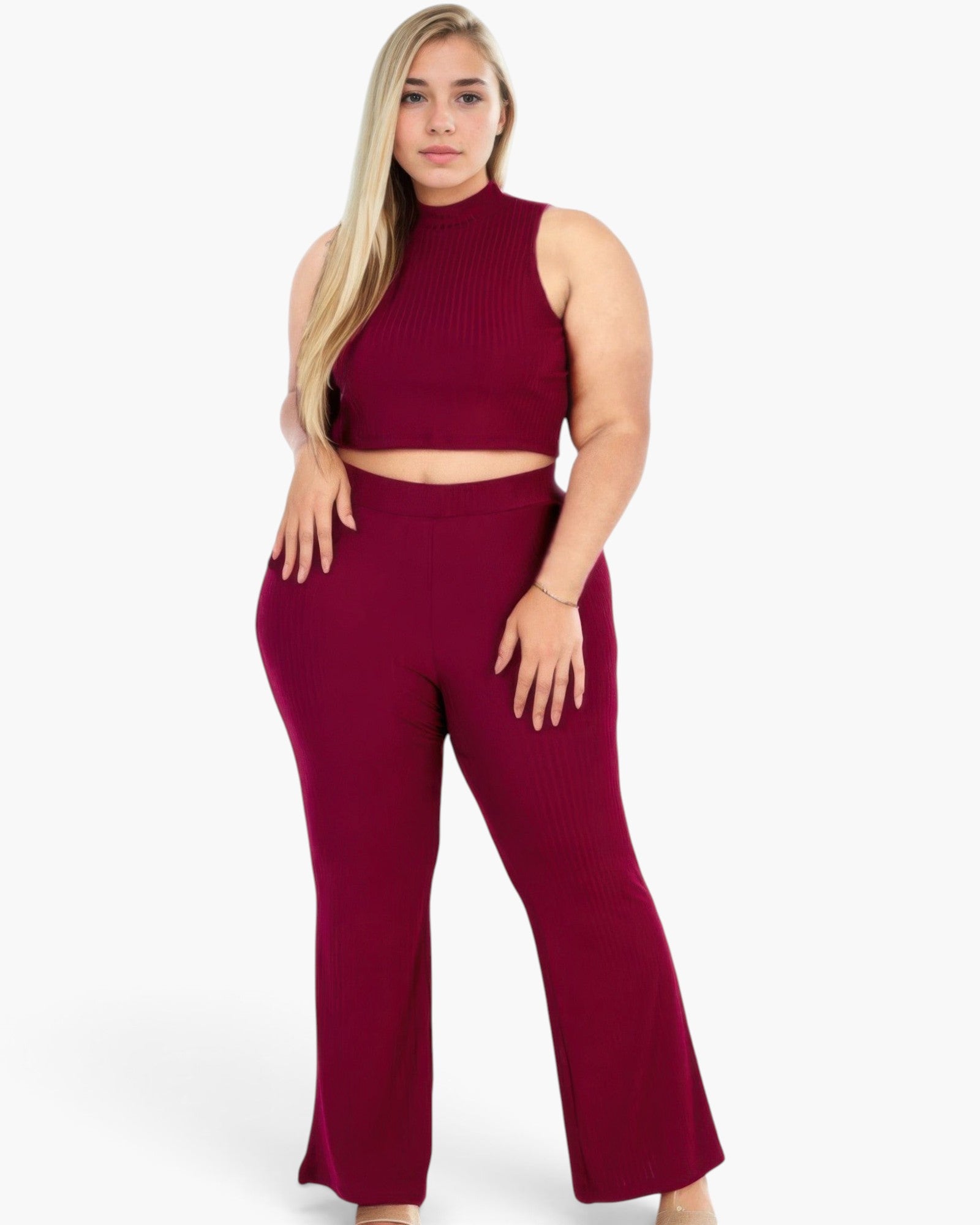 Beach Rose Co. plus size burgundy ribbed mock neck crop tank top and matching bootcut pants set on a blonde model.