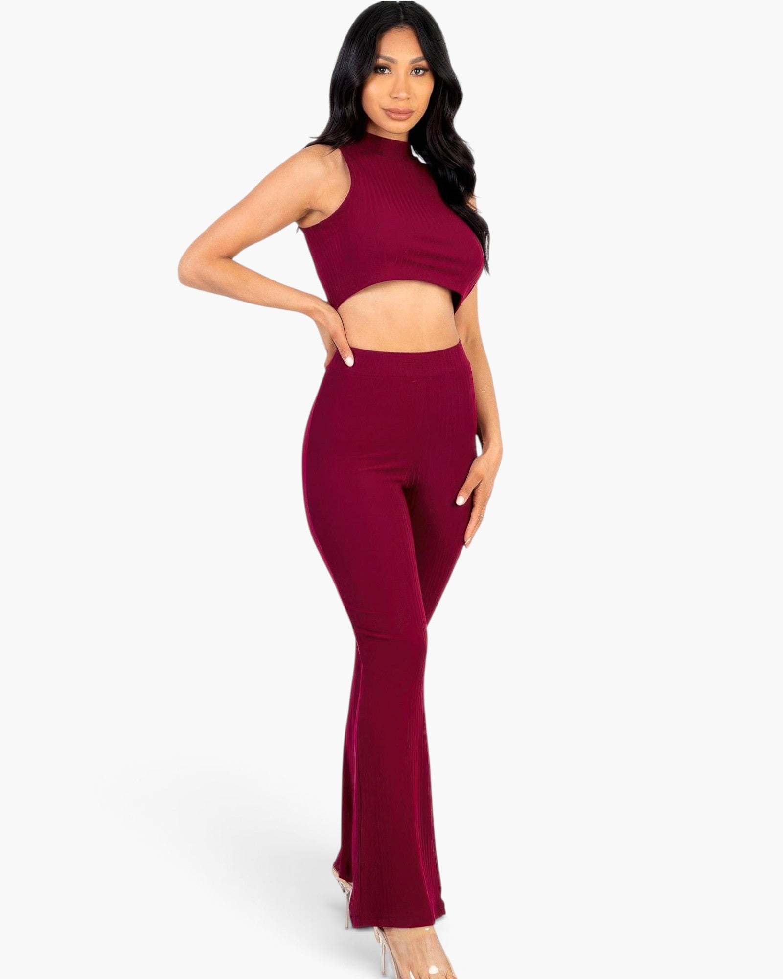 Beach Rose Co. burgundy ribbed mock neck crop tank top and matching bootcut pants worn by a model.