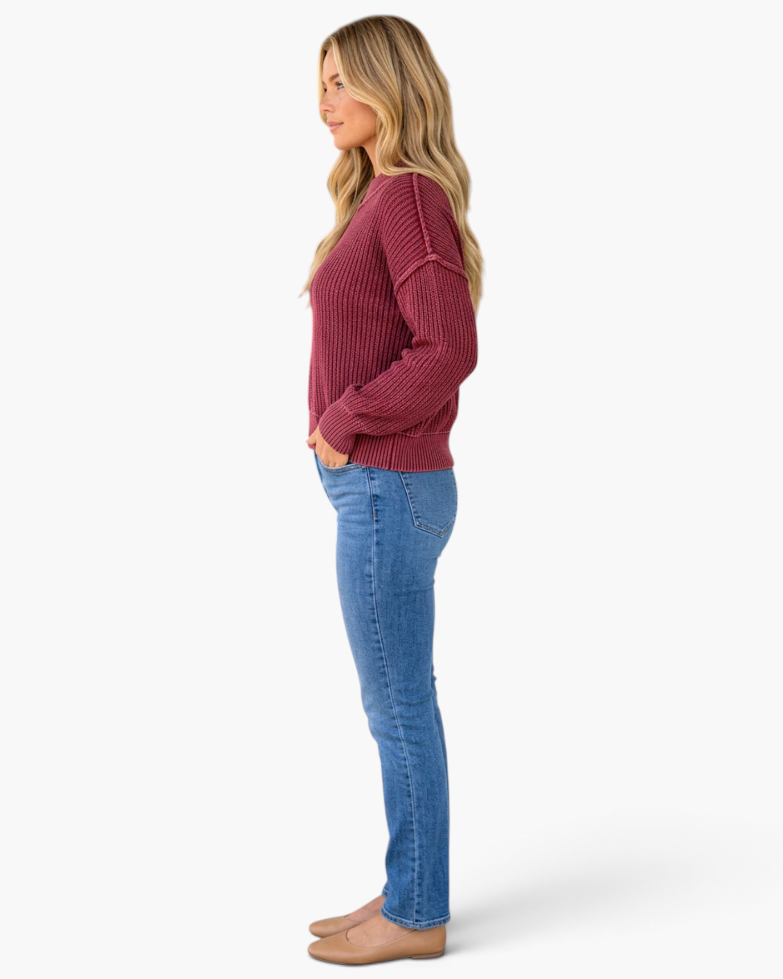 Beach Rose Co. Briana ribbed cotton sweater in maroon with drop shoulders and high neck, side view on a model.