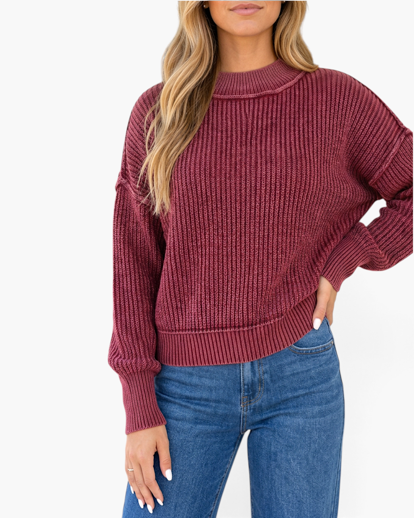 Beach Rose Co. Briana high neck ribbed cotton sweater in burgundy with drop shoulders and vintage wash finish.