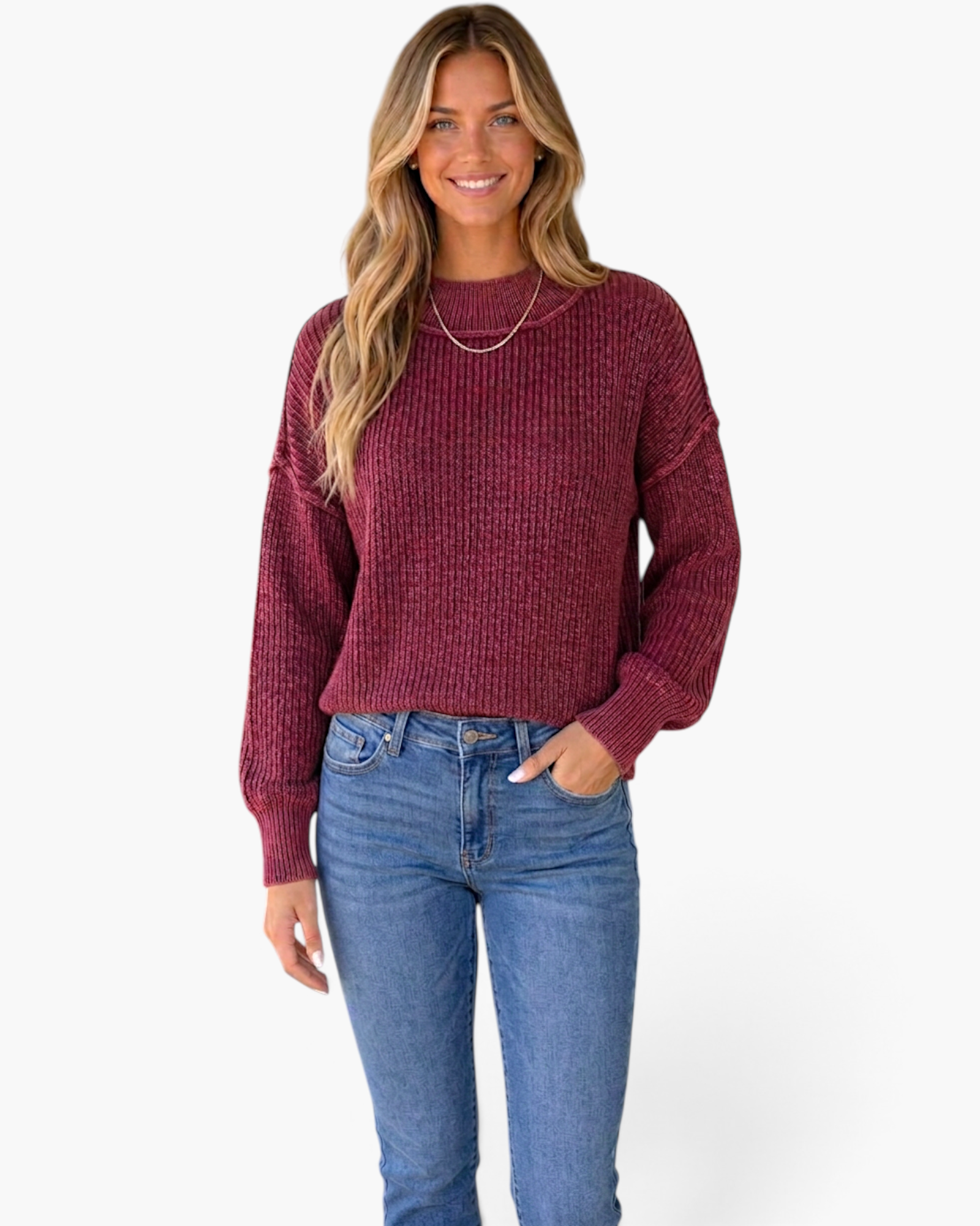 Beach Rose Co. Briana high neck ribbed sweater in burgundy cotton with drop shoulders worn by a smiling model