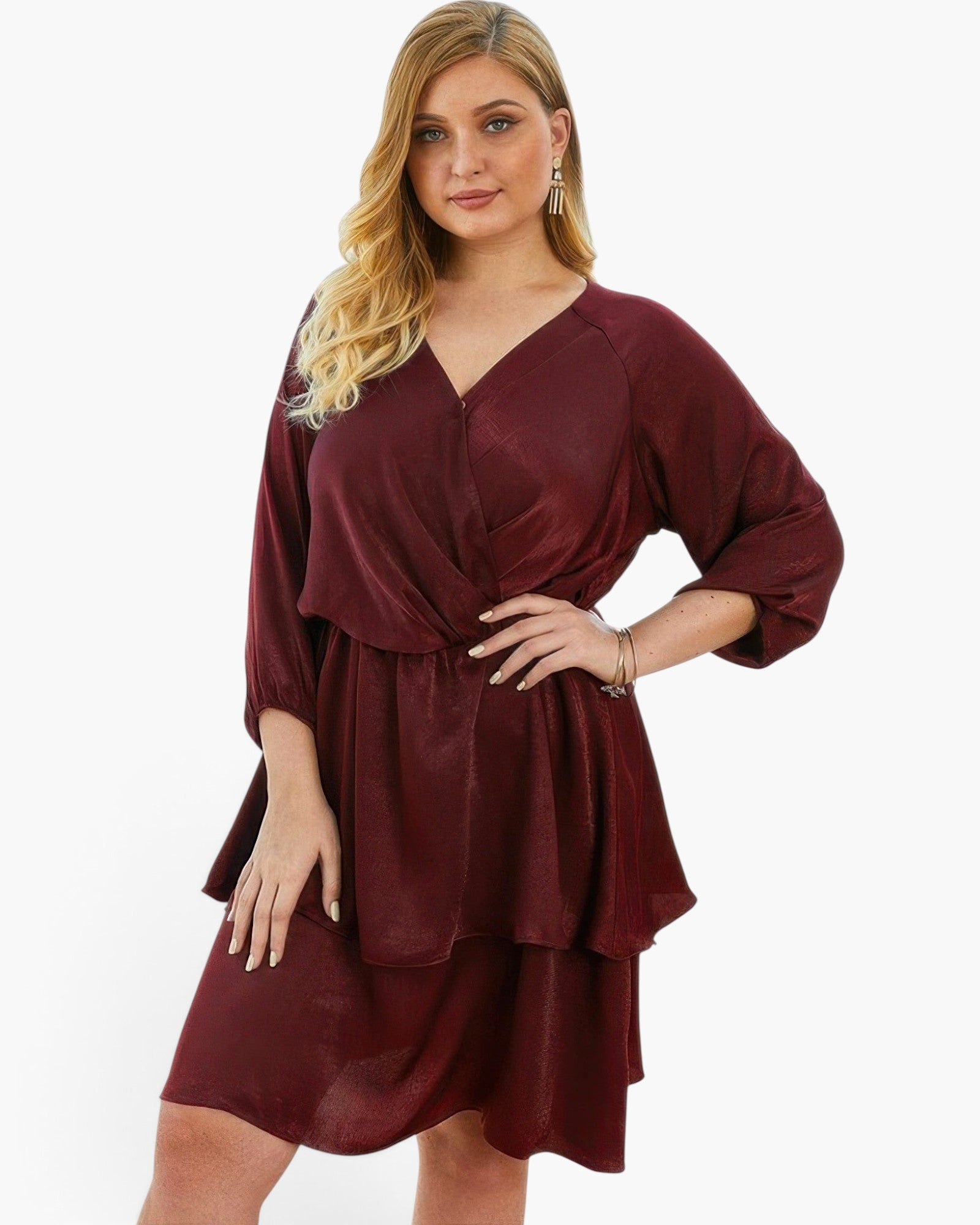 Beach Rose Co. plus size burgundy v-neck dress with a ruffled hem and three-quarter sleeves on a blonde model