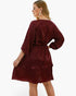 Beach Rose Co. plus size burgundy satin V-neck dress with ruffled hem and three-quarter sleeves, back view