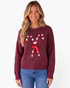 Beach Rose Co. burgundy crewneck sweater with sequin candy cane and ribbon bow design worn by a smiling blonde woman