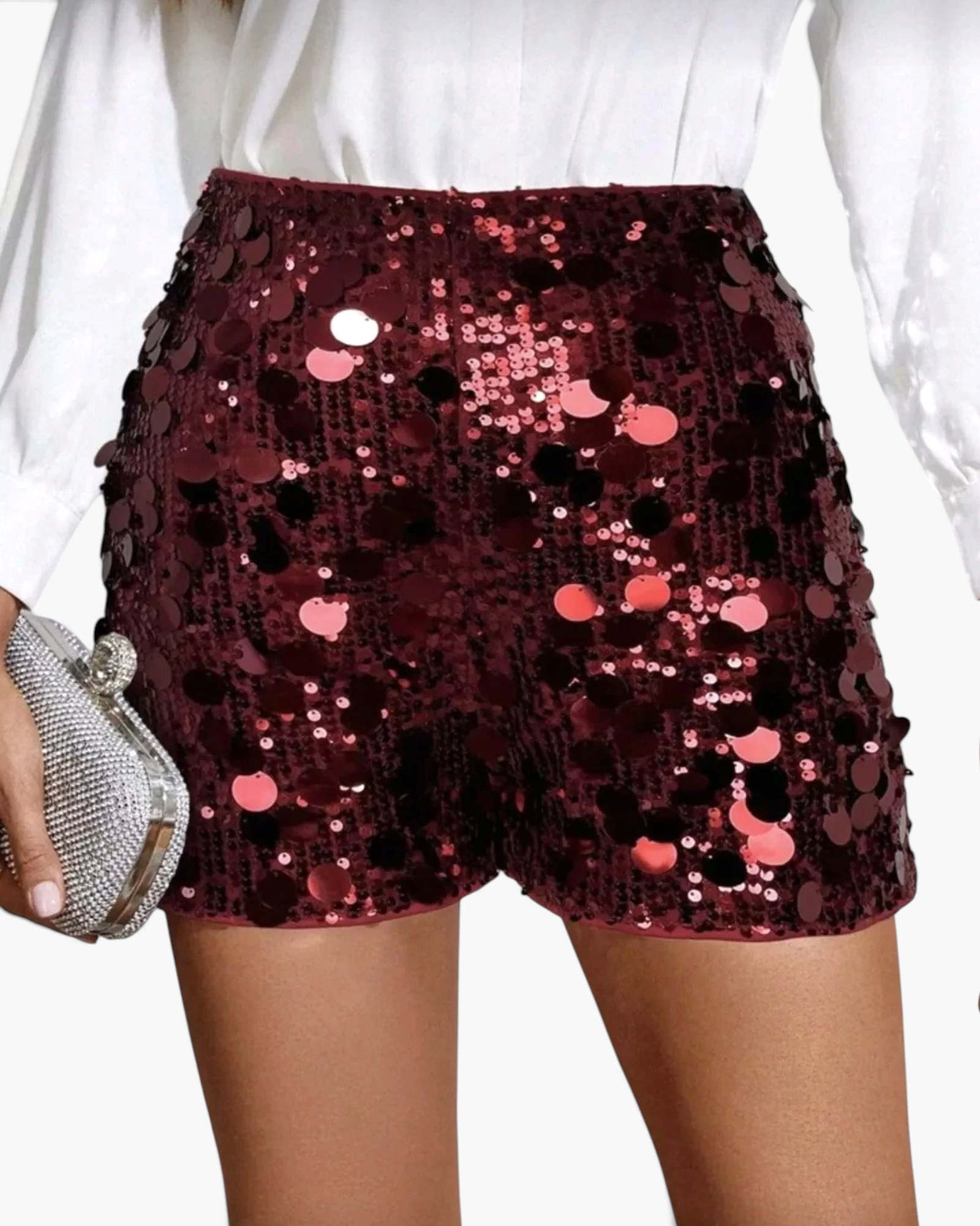 Beach Rose Co. burgundy sequin shorts featuring mixed-size sequins and oversized discs in a straight-leg silhouette.